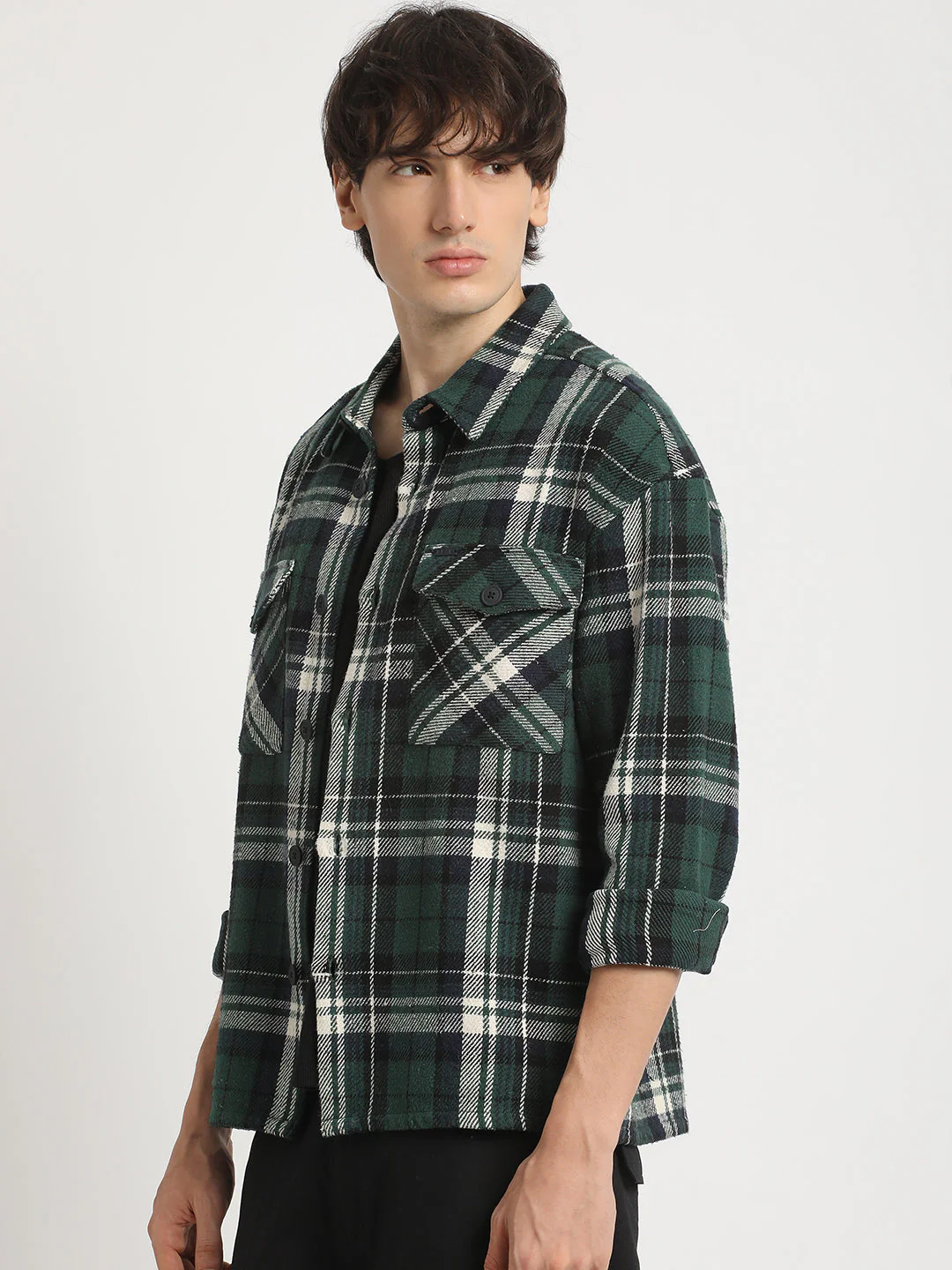 Men Green Checked Relax Fit Cotton Shacket - Image 3