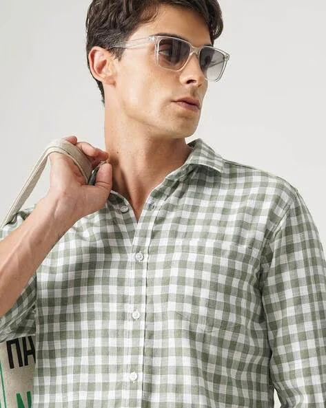 Men Green Checked Shirt - Image 3