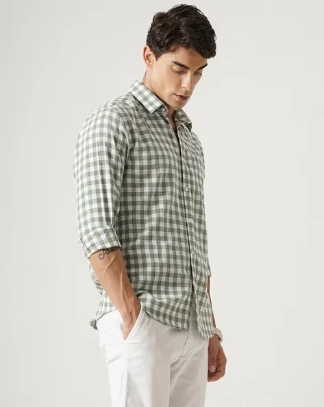 Men Green Checked Shirt - Image 4