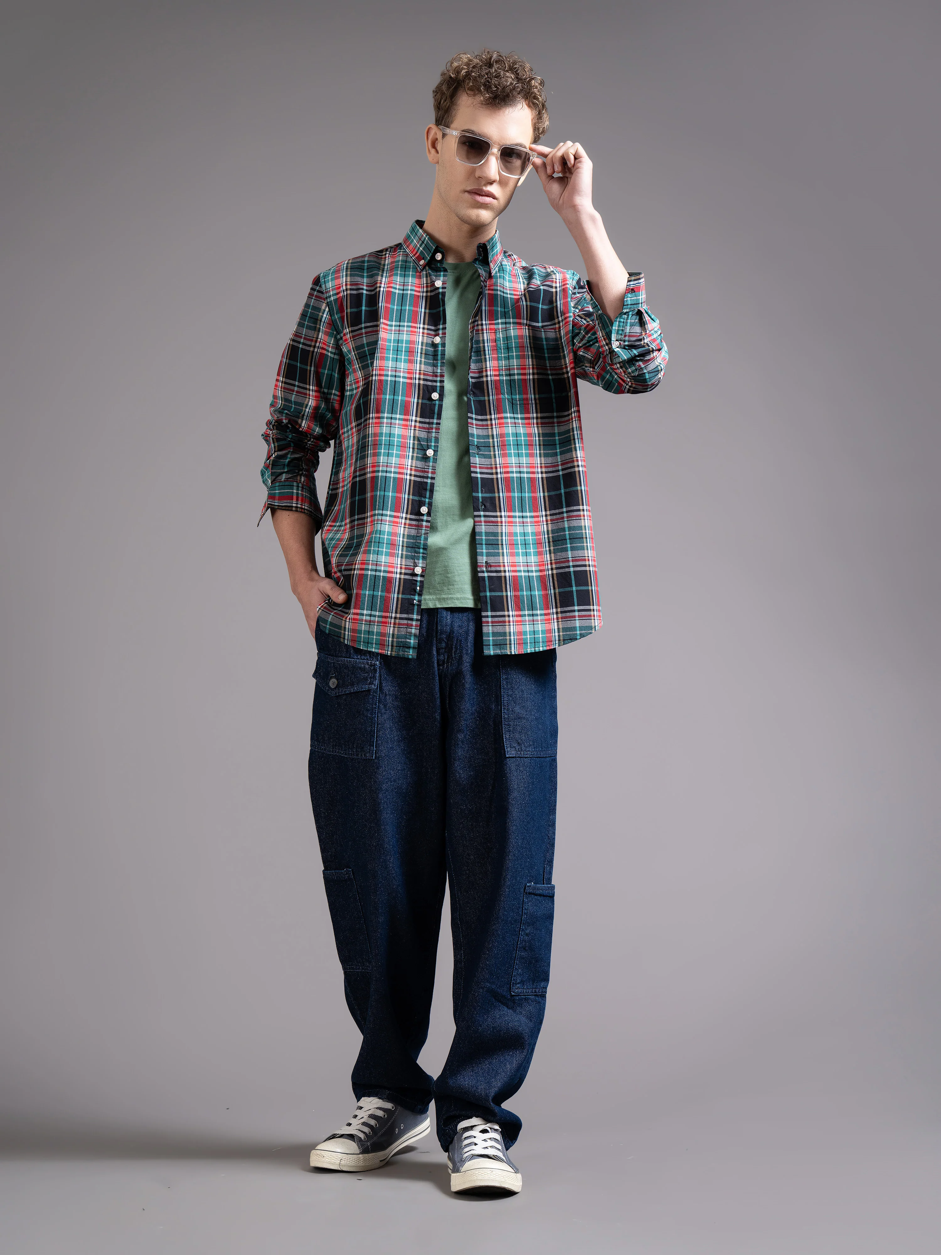 Men Green Checked Shirt - Image 4