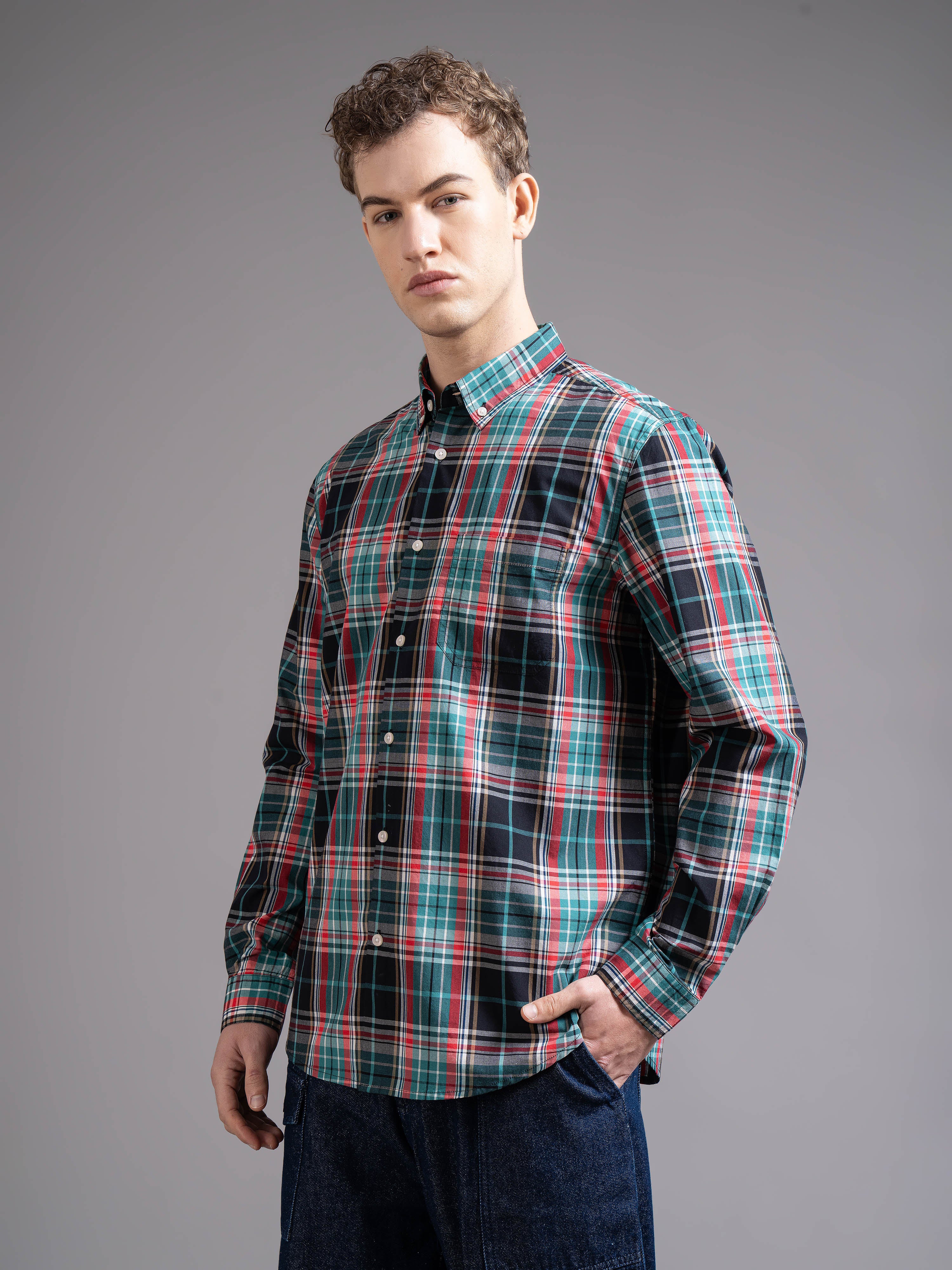 Men Green Checked Shirt - Image 5