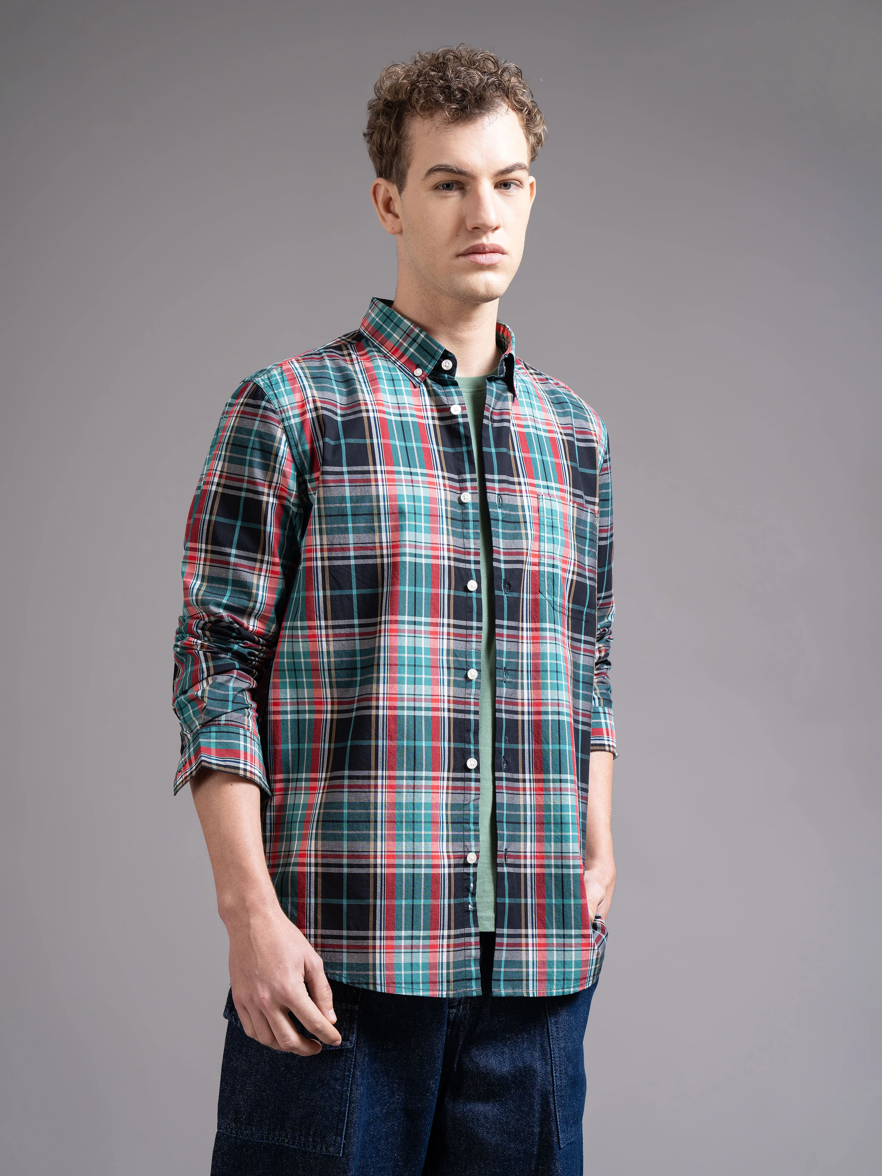Men Green Checked Shirt - Image 6