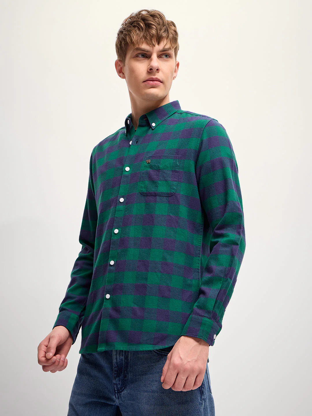 Men Green Checked Slim Fit Casual Shirt - Image 3