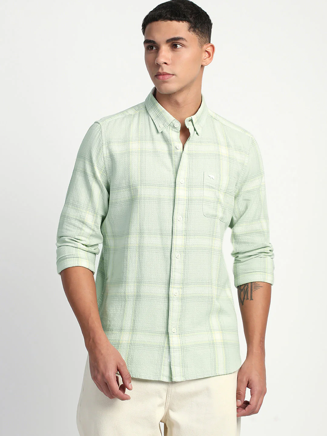 Men Green Checked Slim Fit Casual Shirt - Image 2