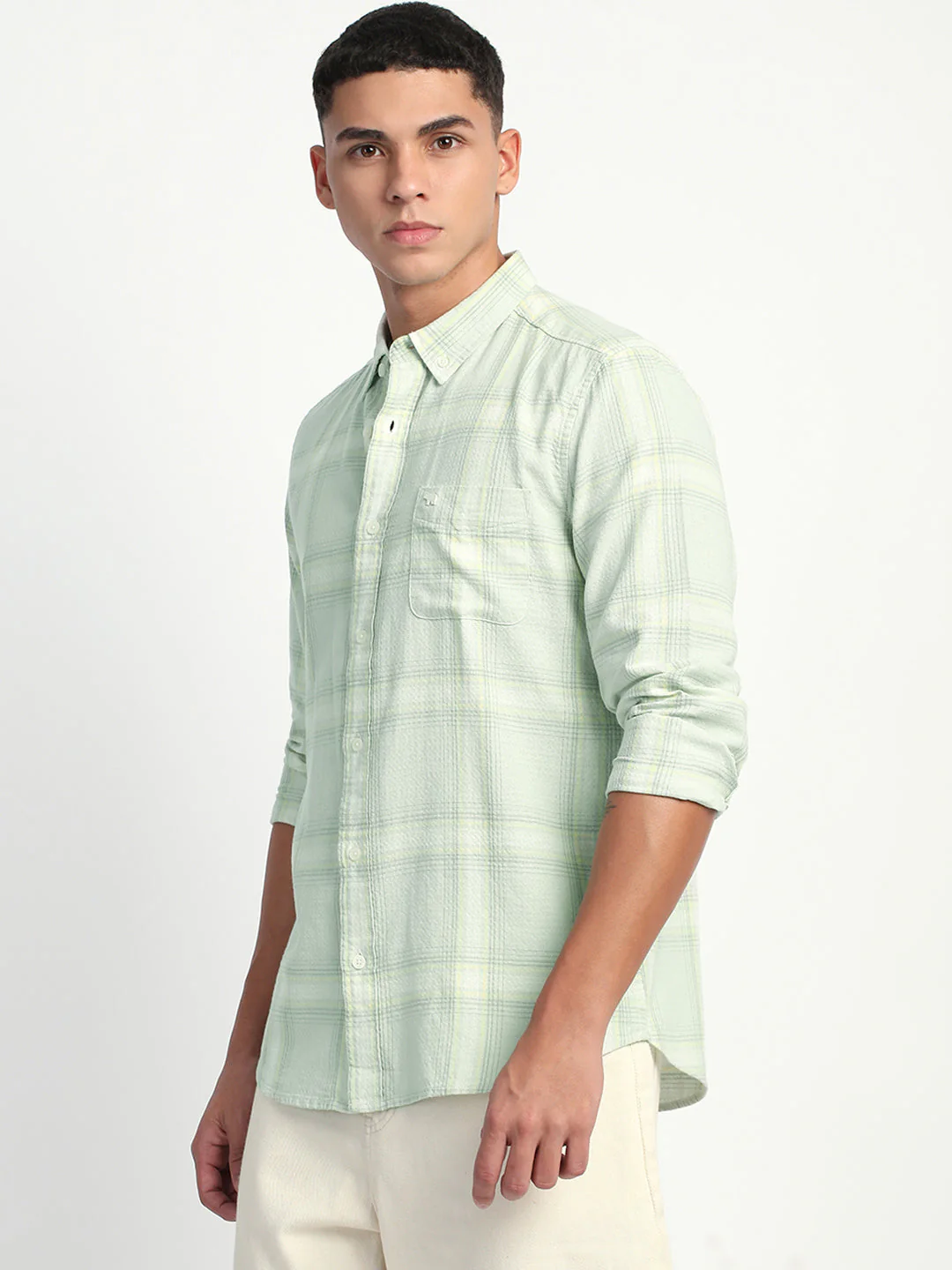 Men Green Checked Slim Fit Casual Shirt - Image 3