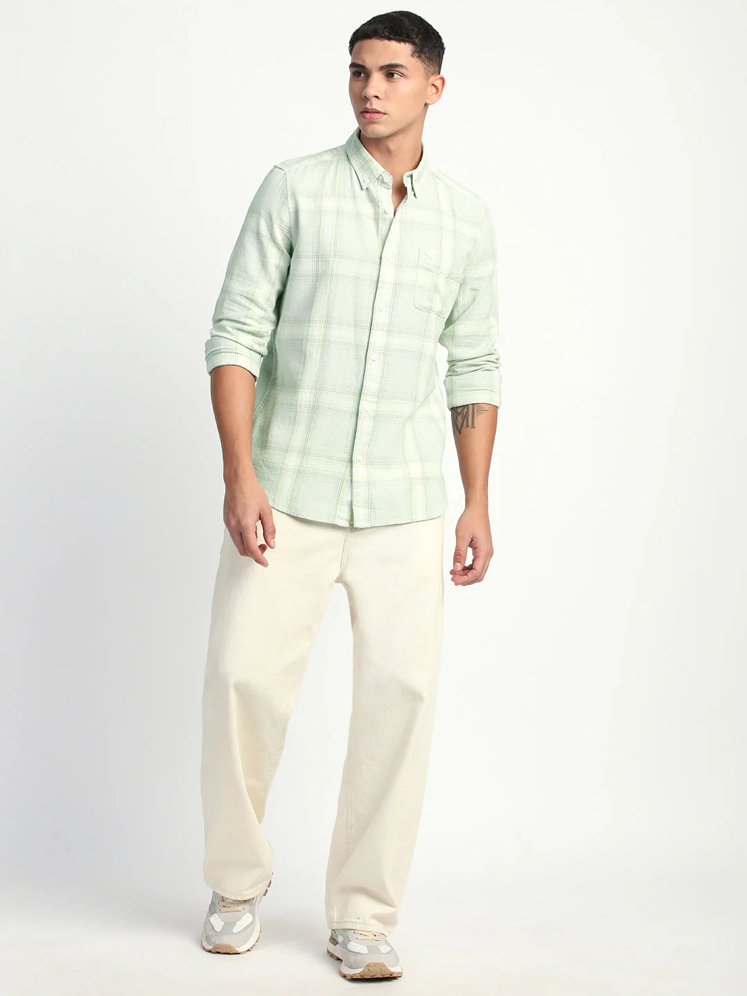 Men Green Checked Slim Fit Casual Shirt - Image 5