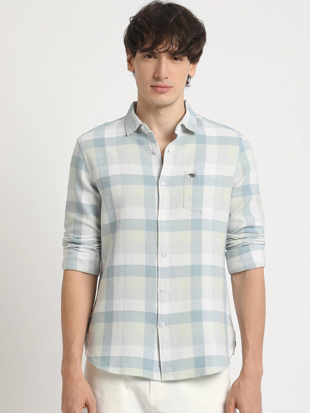 Men  Green Checked Slim Fit Cotton Casual Shirt - Image 2