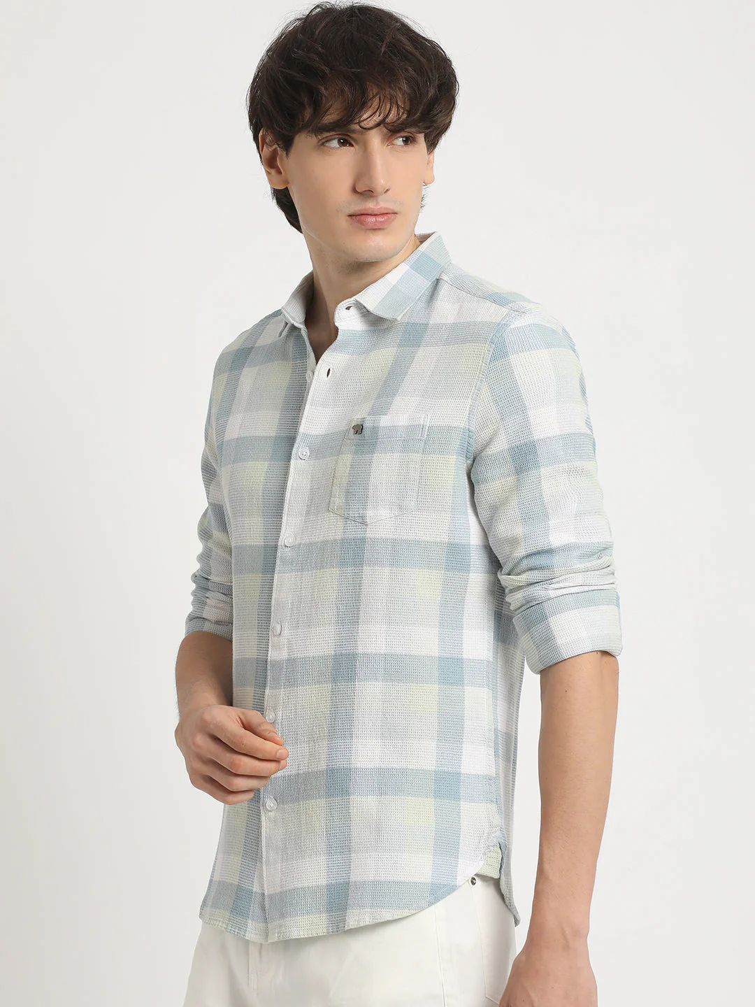 Men  Green Checked Slim Fit Cotton Casual Shirt - Image 3