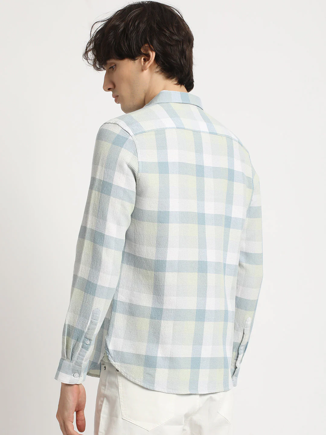 Men  Green Checked Slim Fit Cotton Casual Shirt - Image 4
