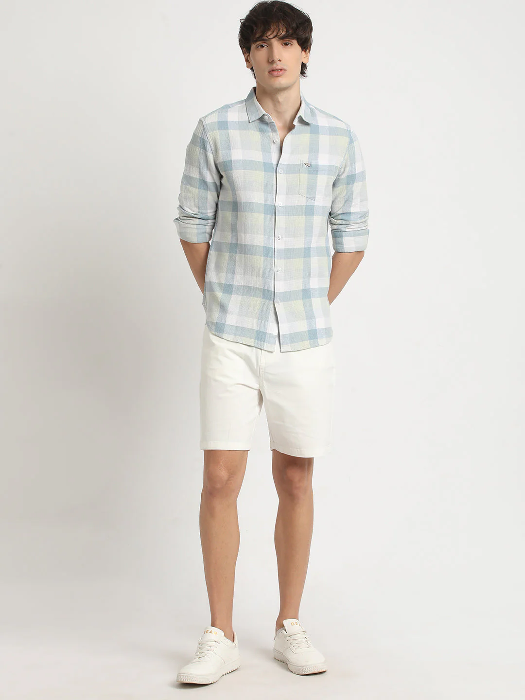 Men  Green Checked Slim Fit Cotton Casual Shirt - Image 5