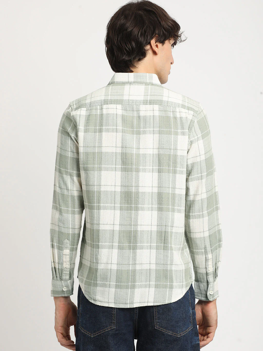 Men  Green Checked Slim Fit Cotton Casual Shirt - Image 4