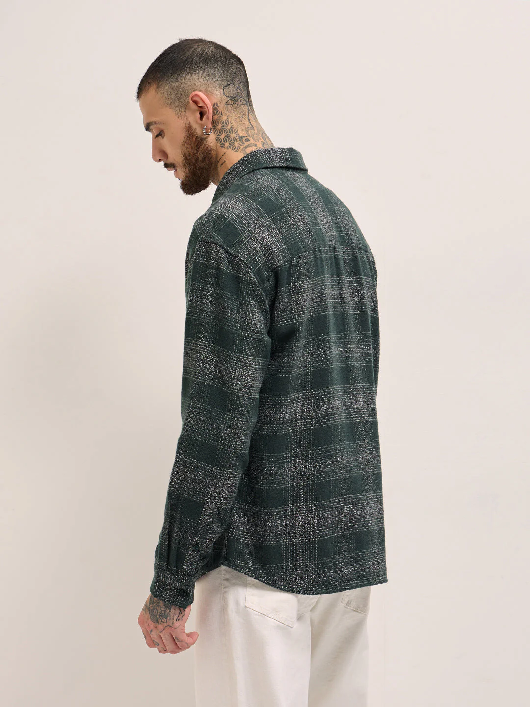 Men Green Checkered Relax Fit Flannel Overshirt - Image 2