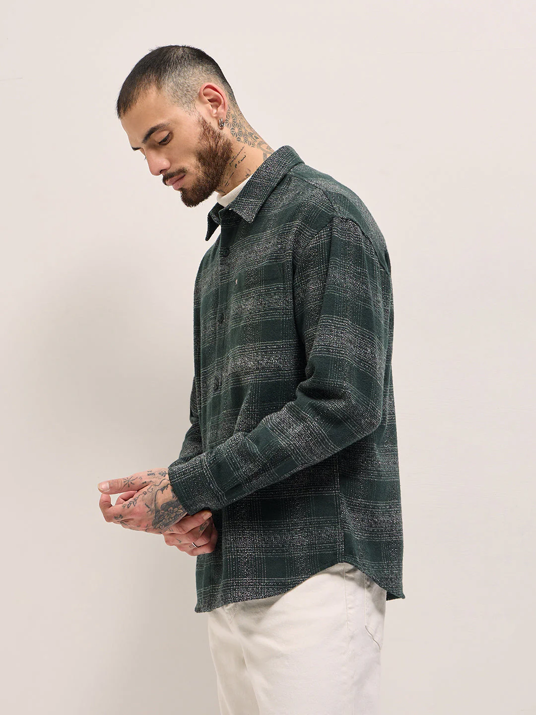 Men Green Checkered Relax Fit Flannel Overshirt - Image 3