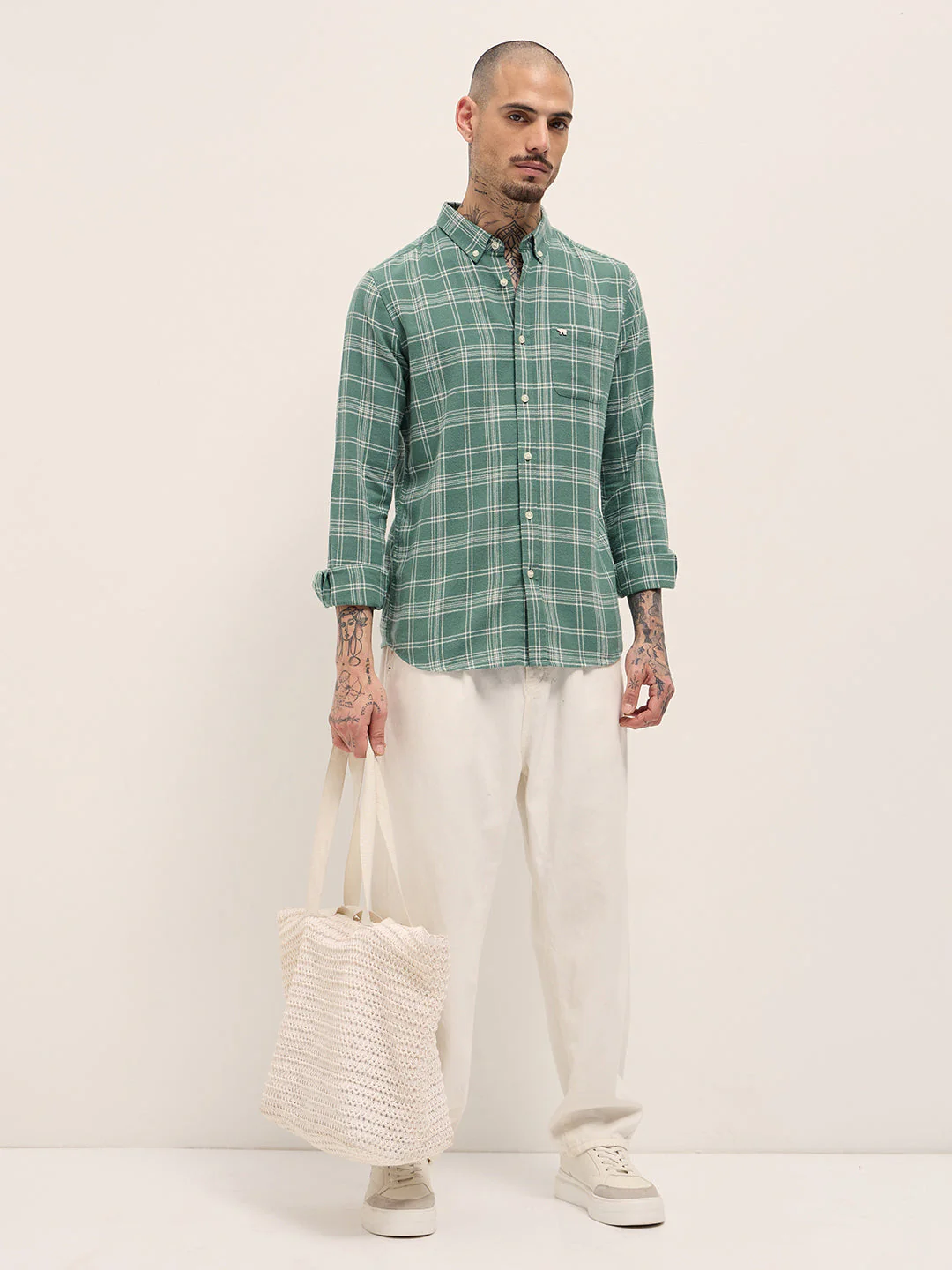 Men Green Checkered Slim Fit Casual Shirt - Image 4