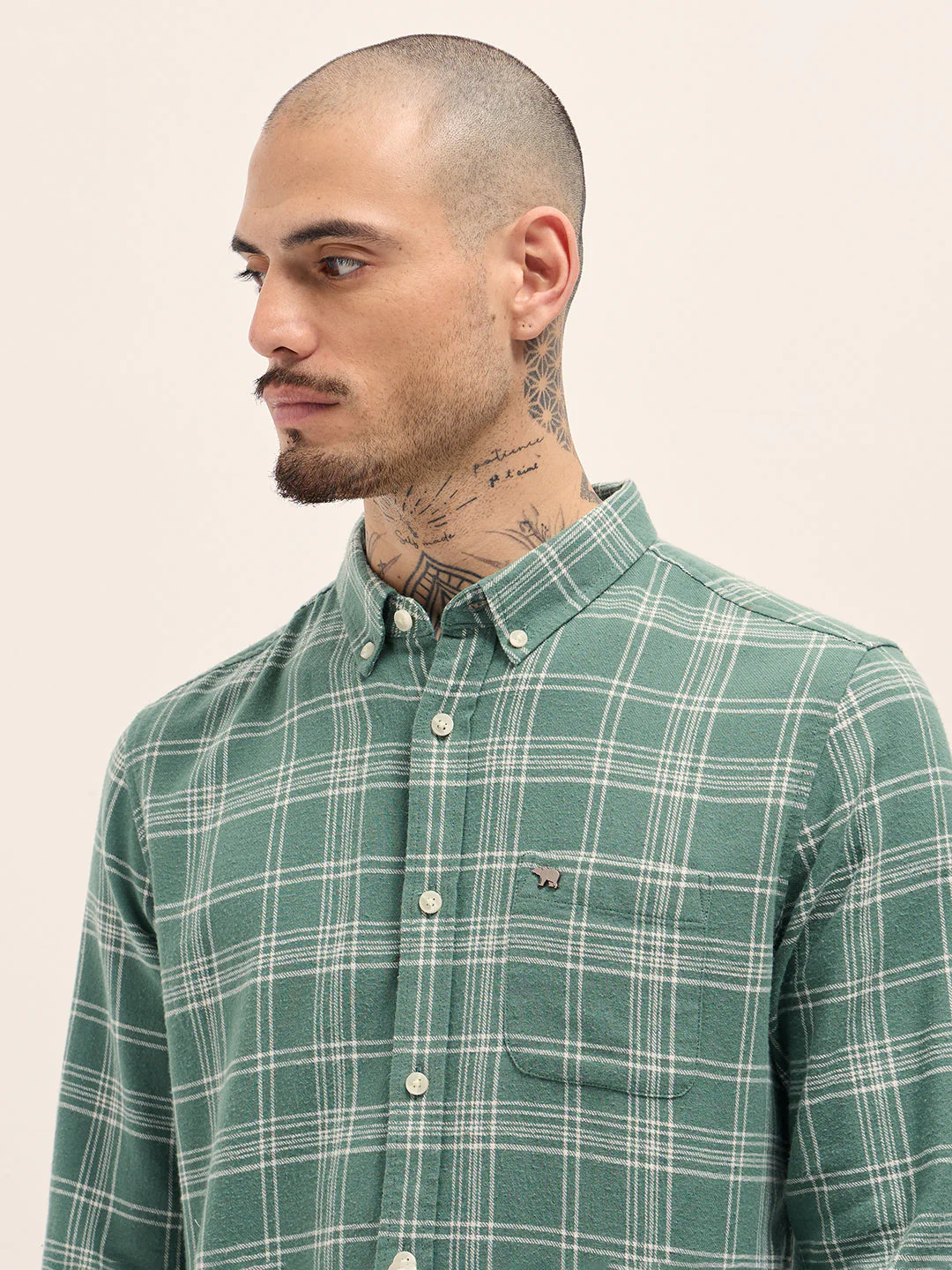 Men Green Checkered Slim Fit Casual Shirt - Image 5