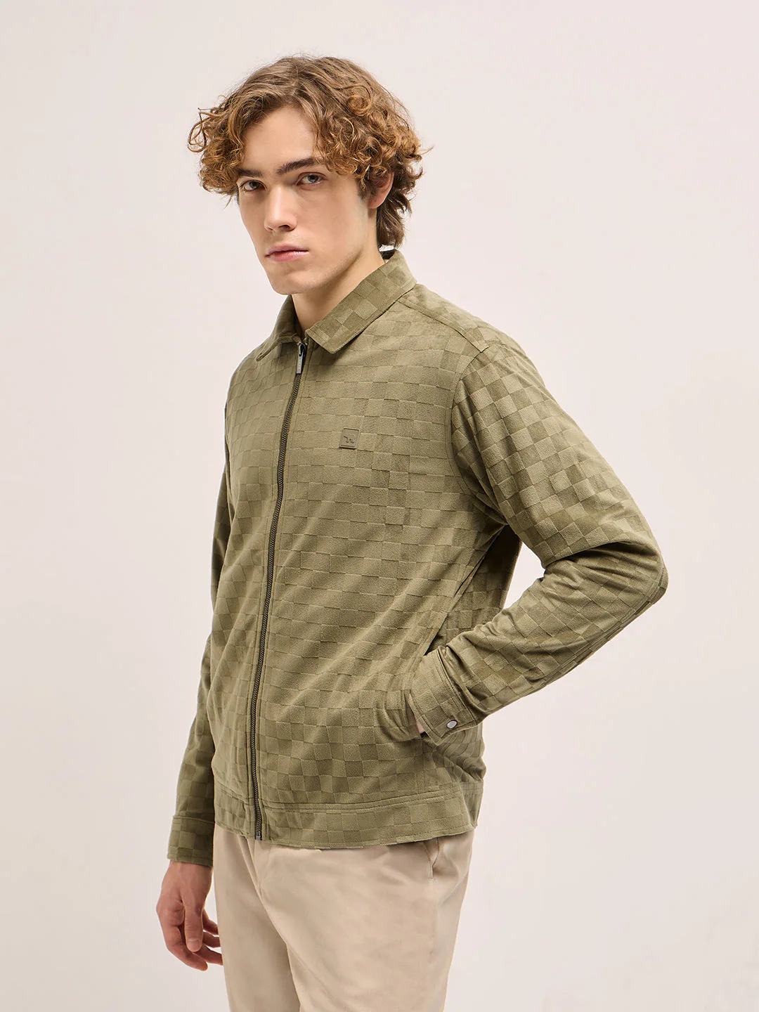 Men Green checkered texture Regular Fit Casual Jacket - Image 3
