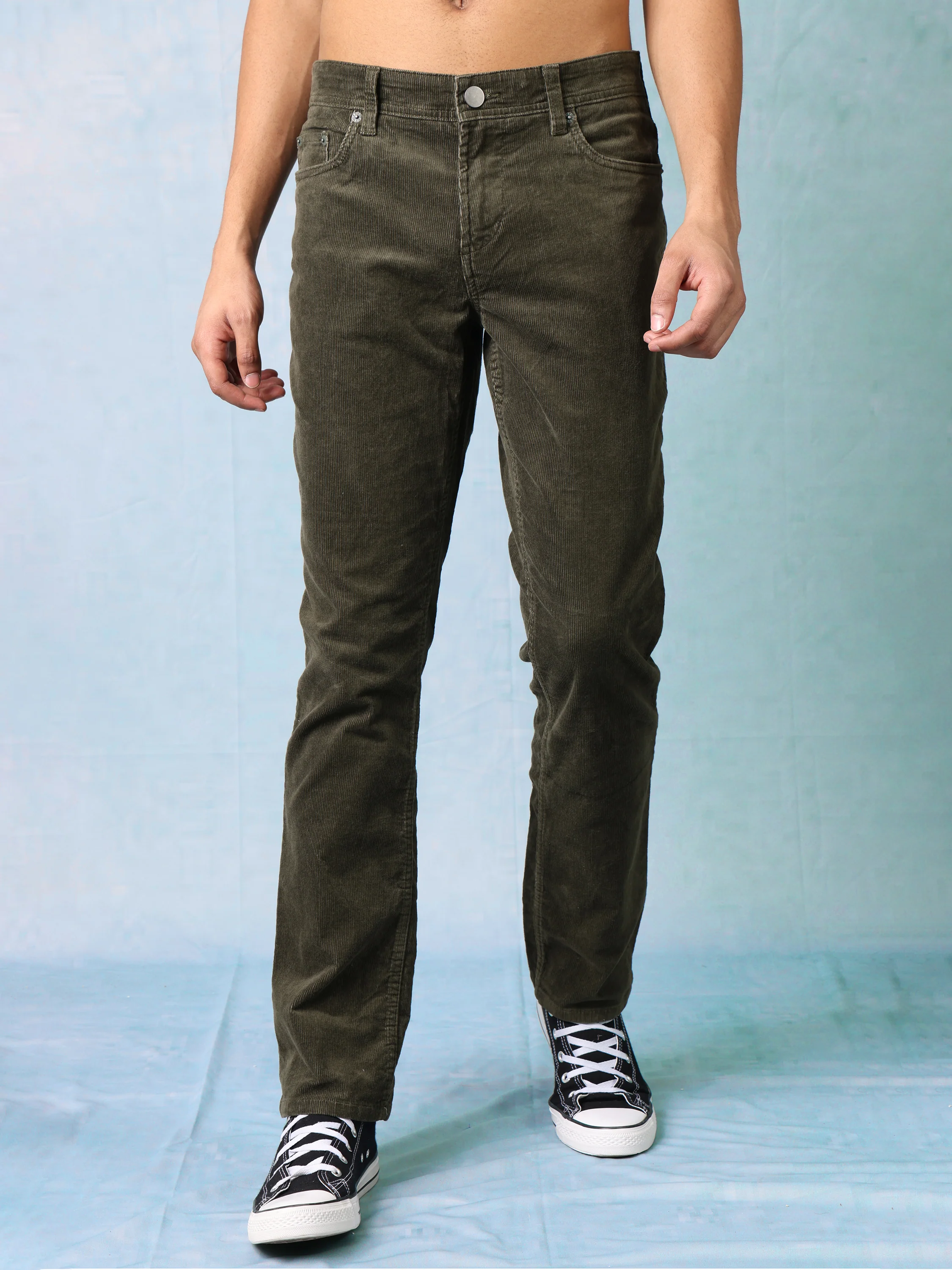 Men Green Cordury Straight Fit Trouser - Image 3