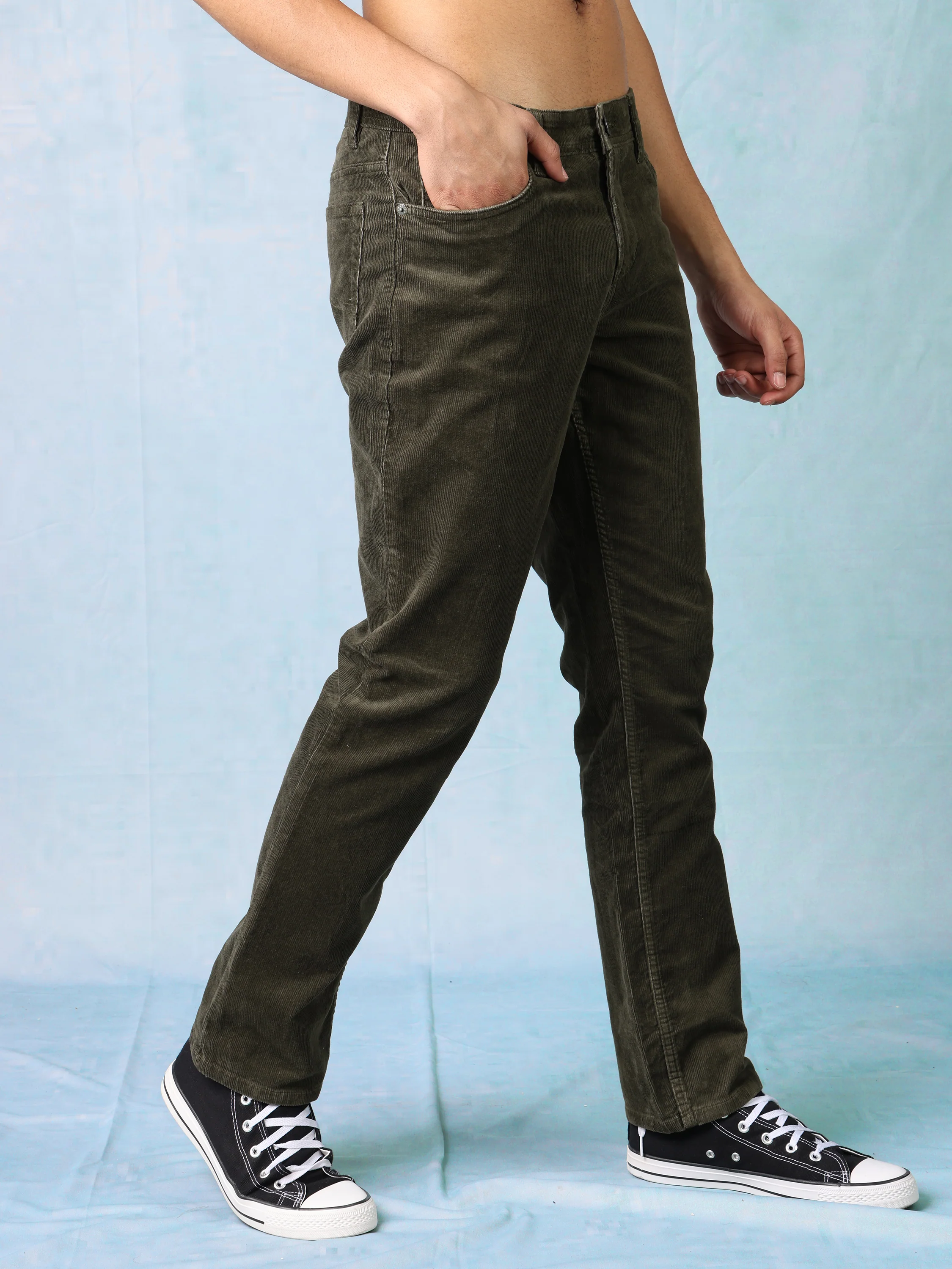 Men Green Cordury Straight Fit Trouser - Image 5