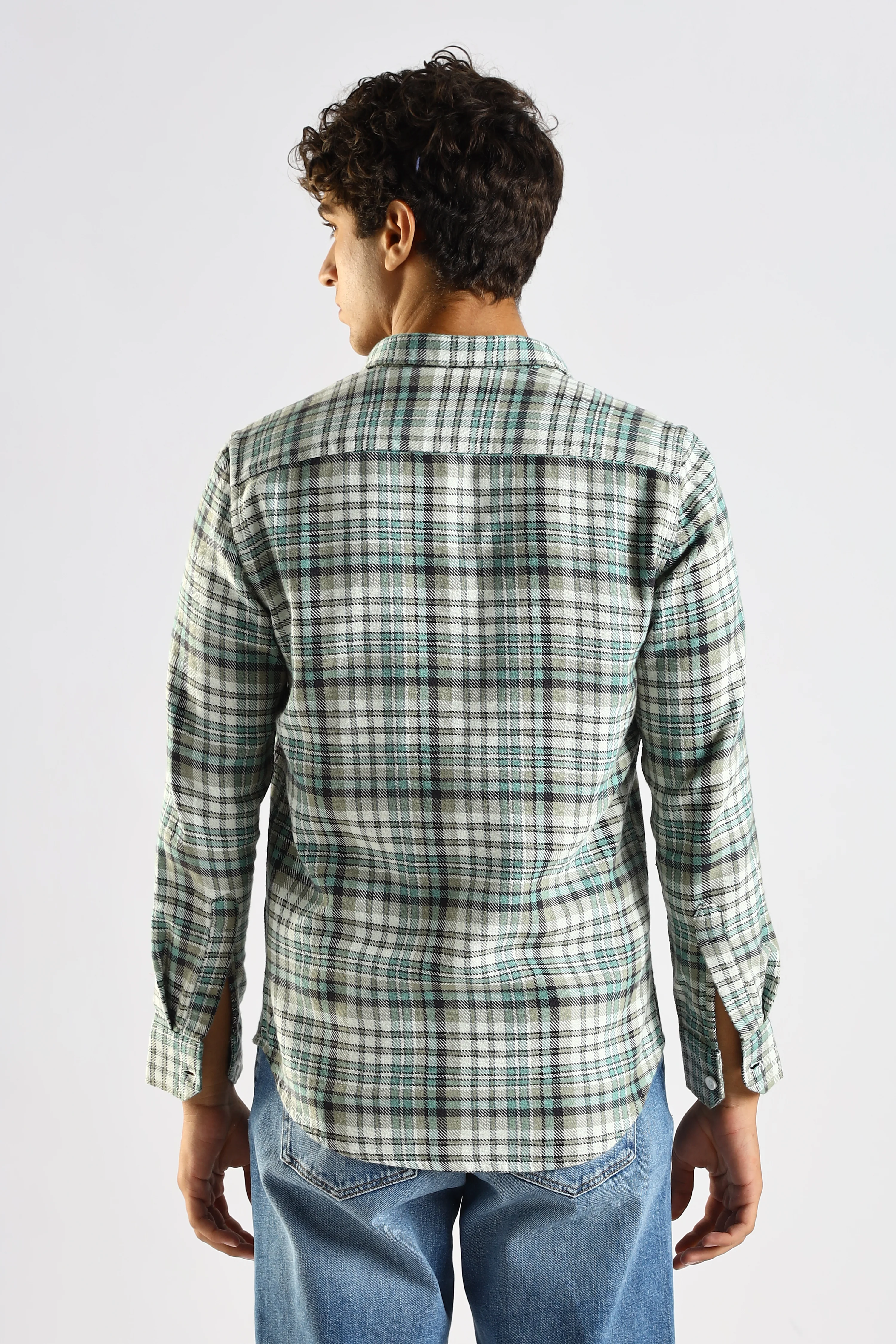 Men Green Cotton Blend Checked Shirt - Image 2