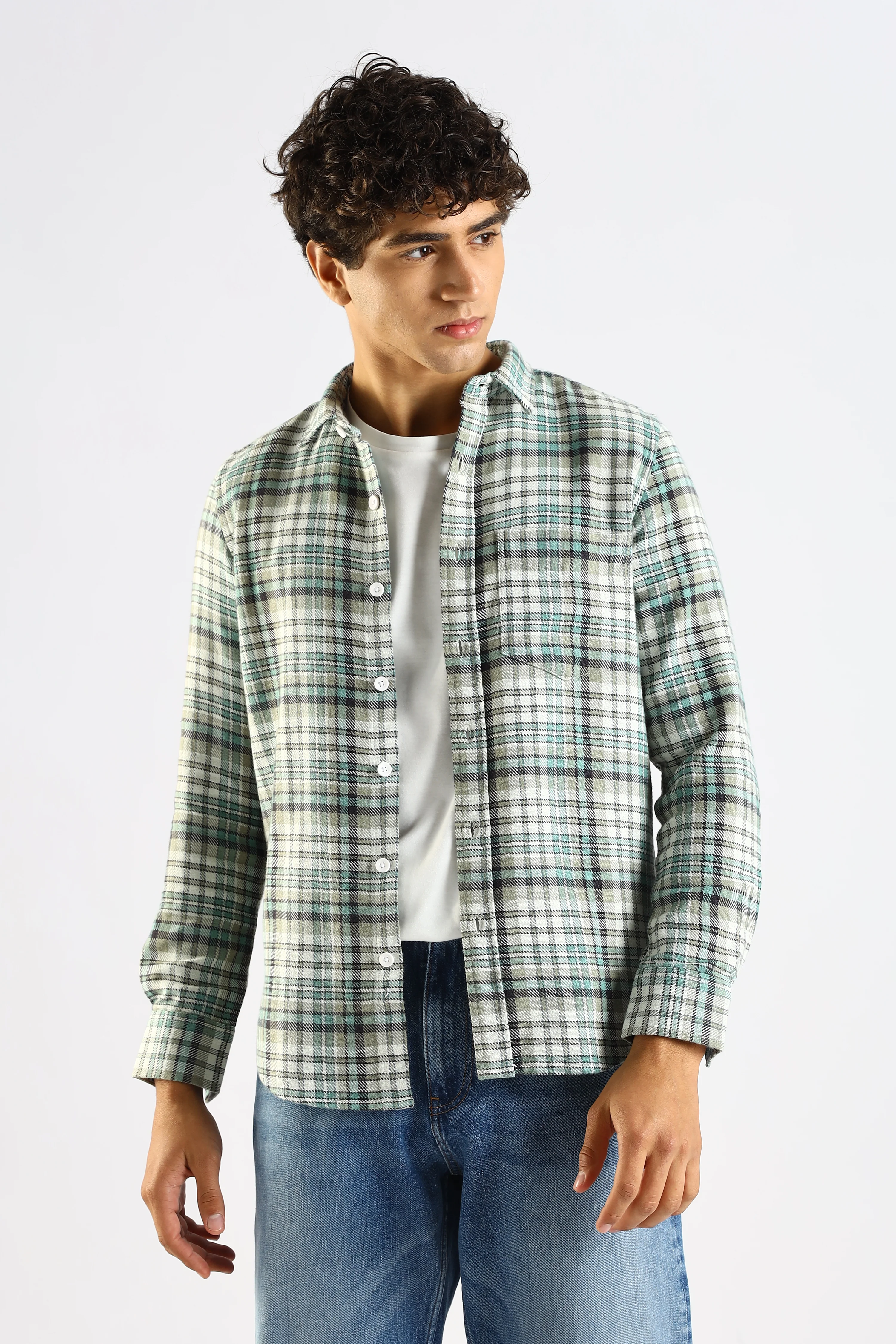 Men Green Cotton Blend Checked Shirt - Image 7
