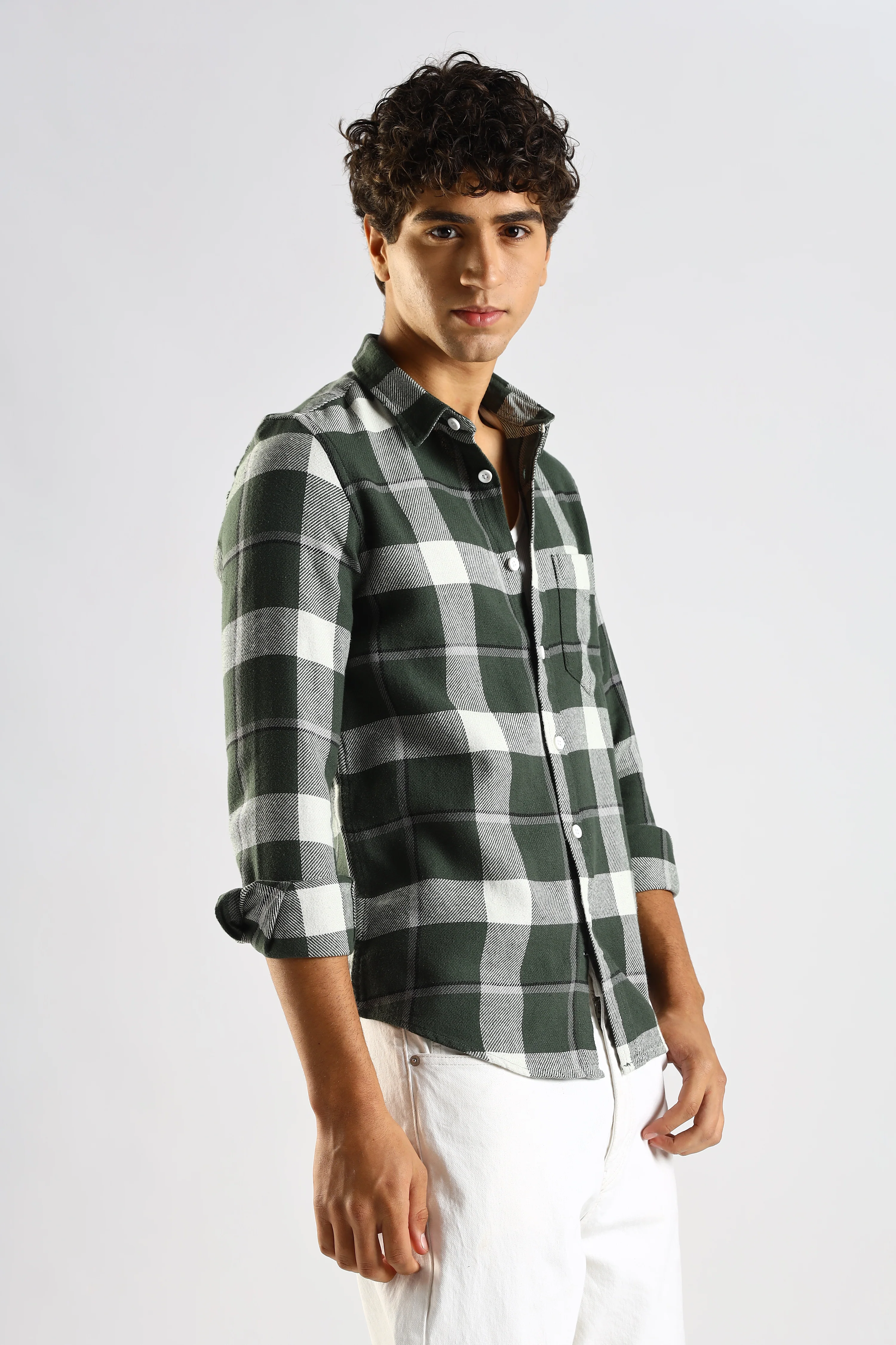 Men Green Cotton Blend Slim Checked Shirt - Image 6
