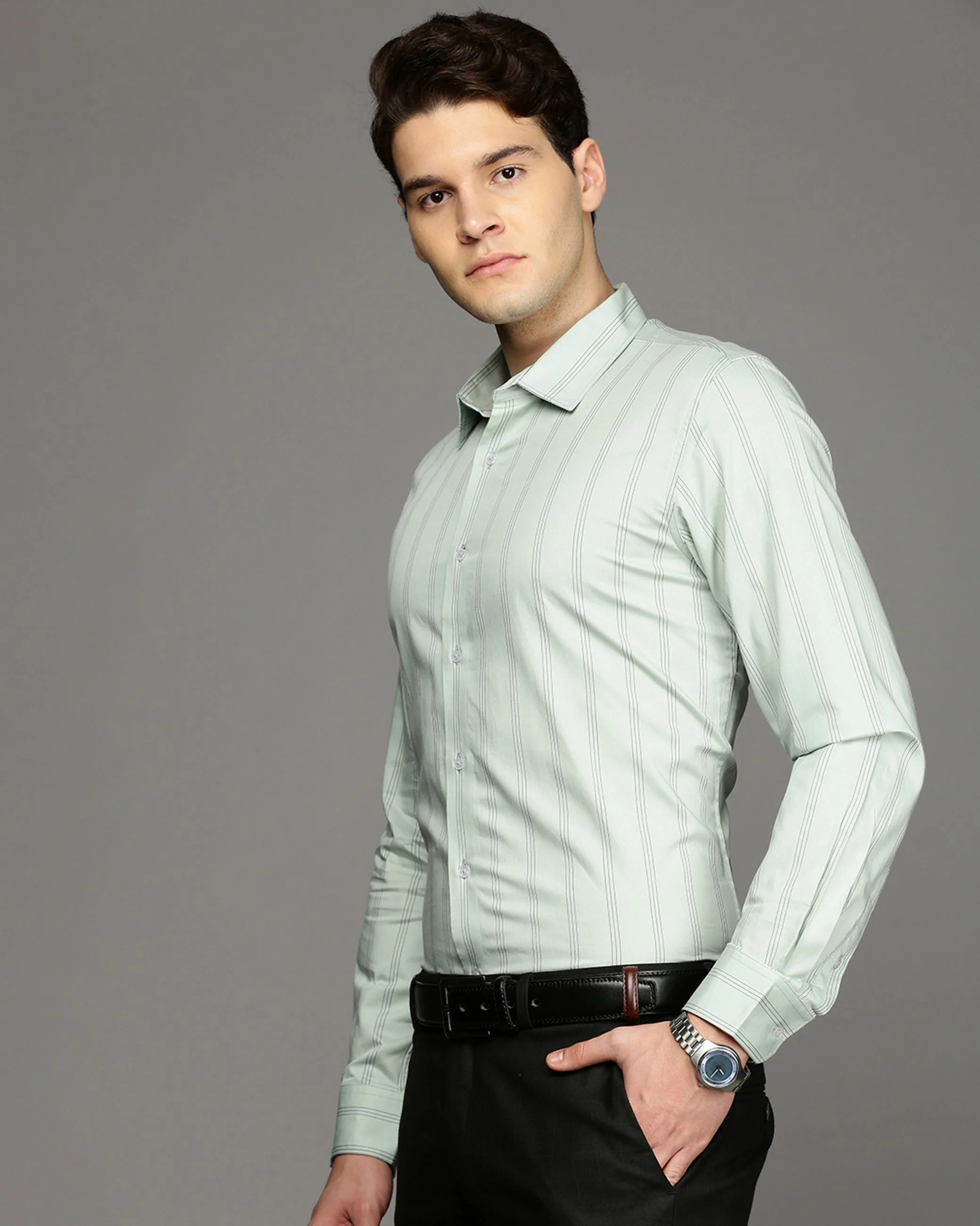 Men Green Cotton Blend Slim Shirt - Image 3
