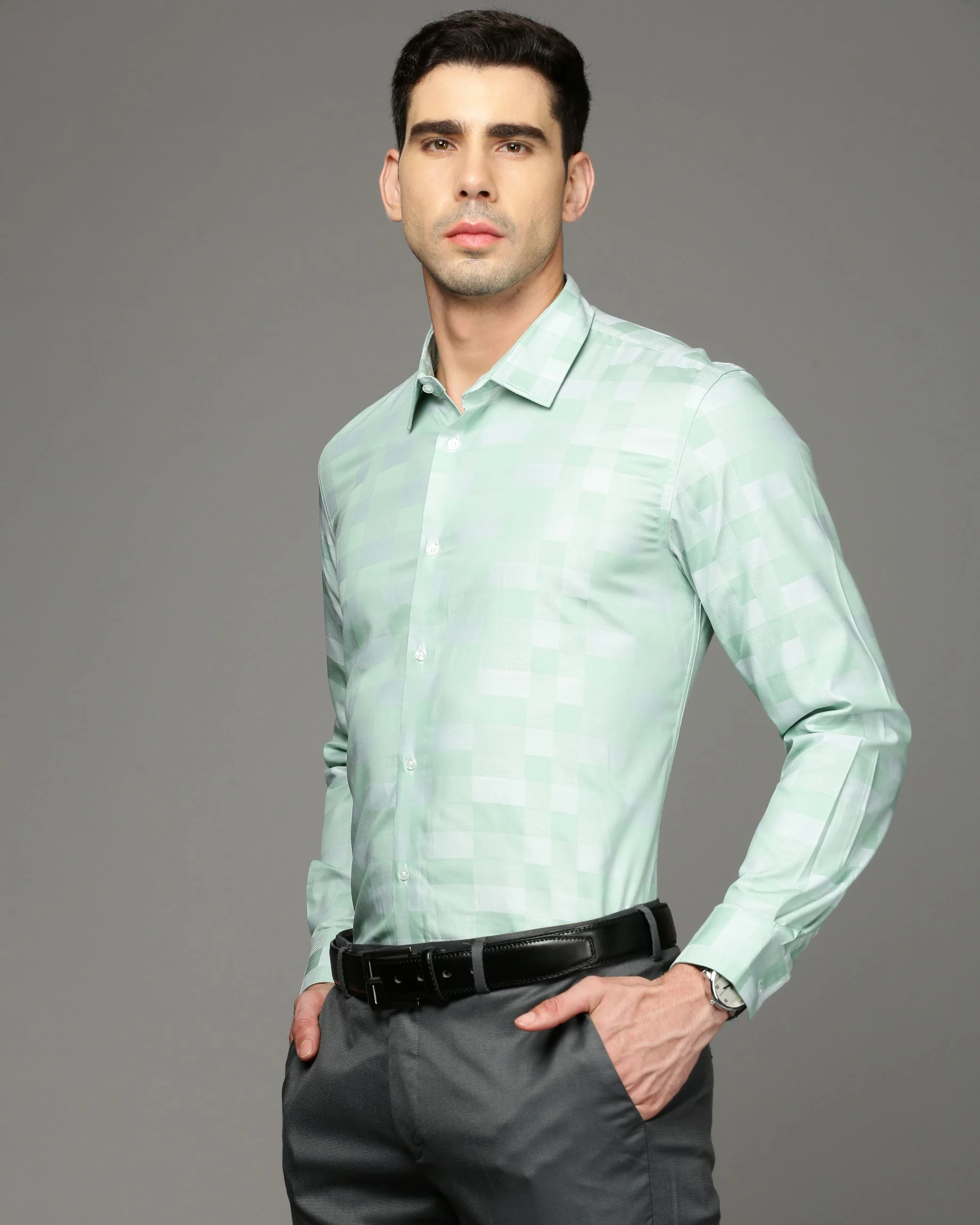 Men Green Cotton Blend Slim Shirt - Image 3