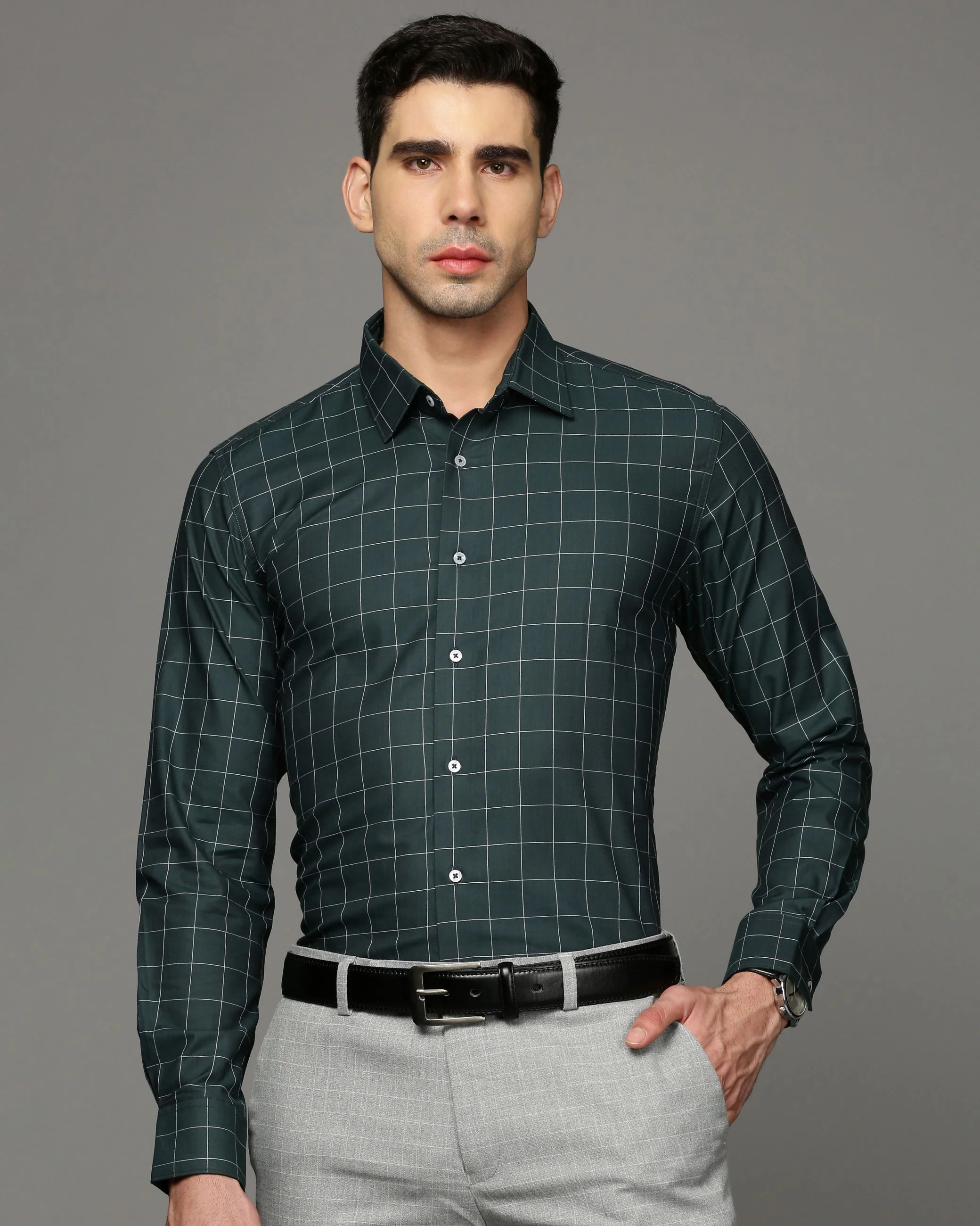 Men Green Cotton Blend Slim Shirt - Image 2