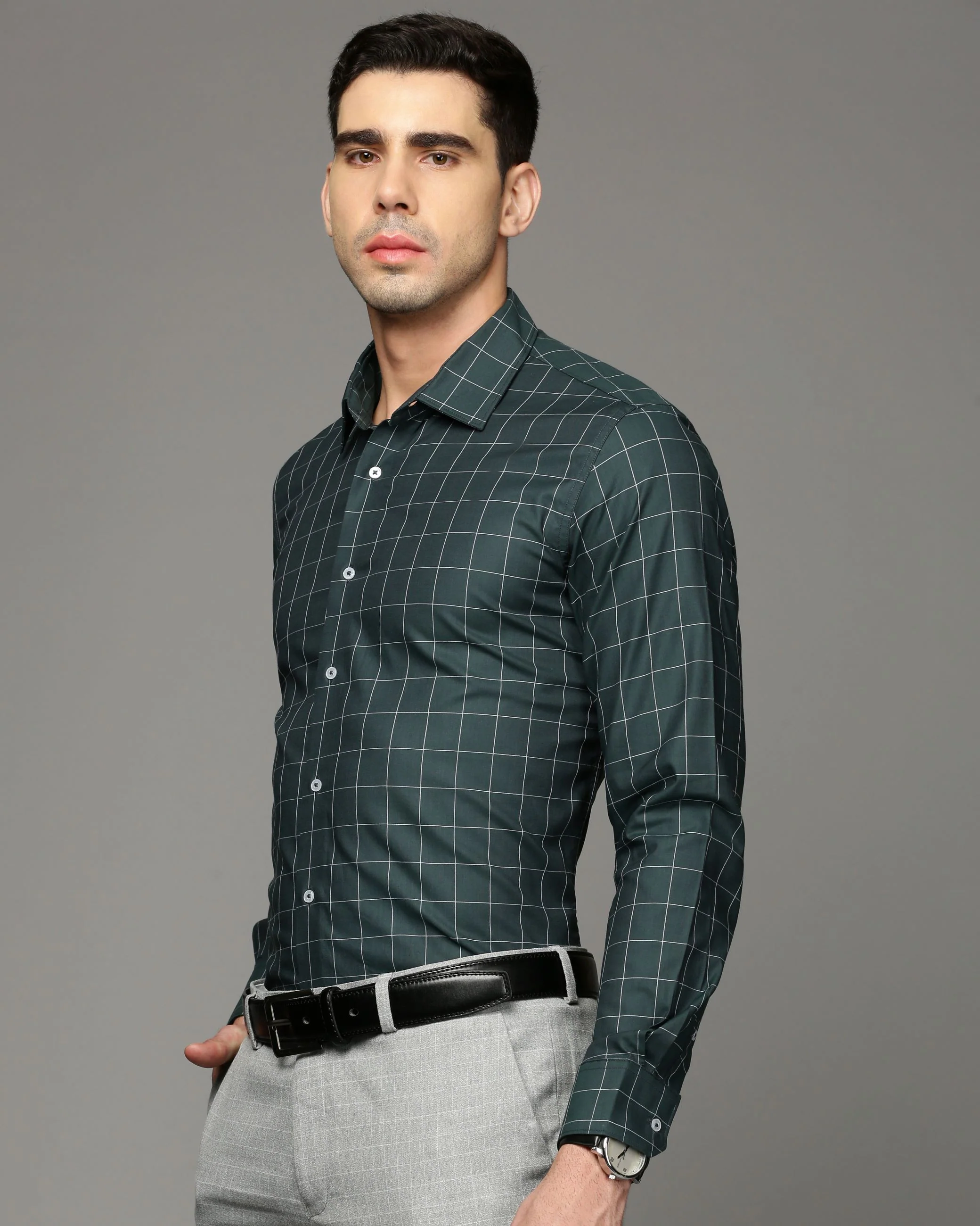 Men Green Cotton Blend Slim Shirt - Image 3
