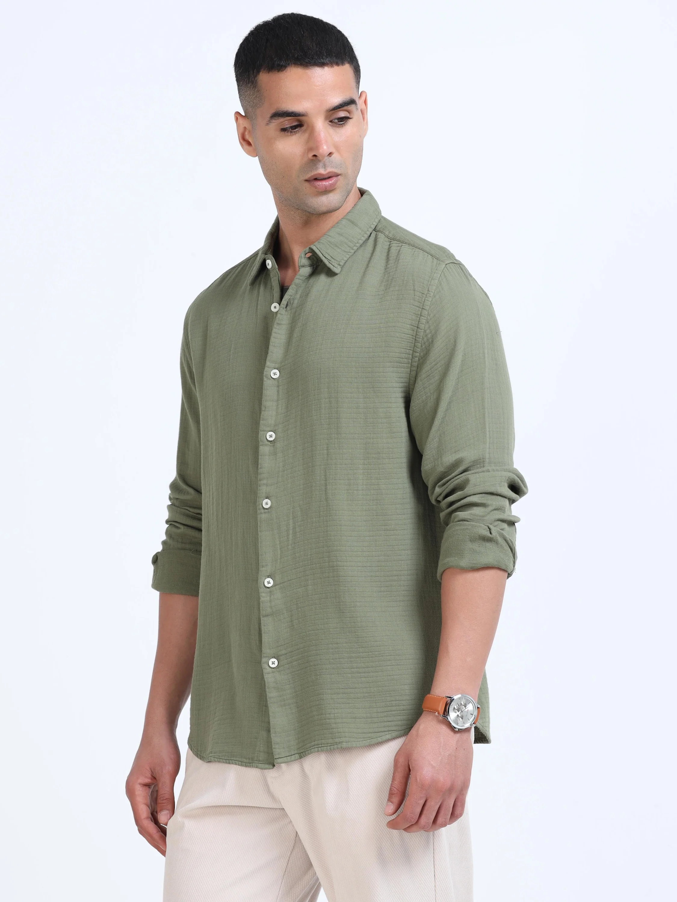 Men Green Cotton Double Cloth Shirt - Image 2