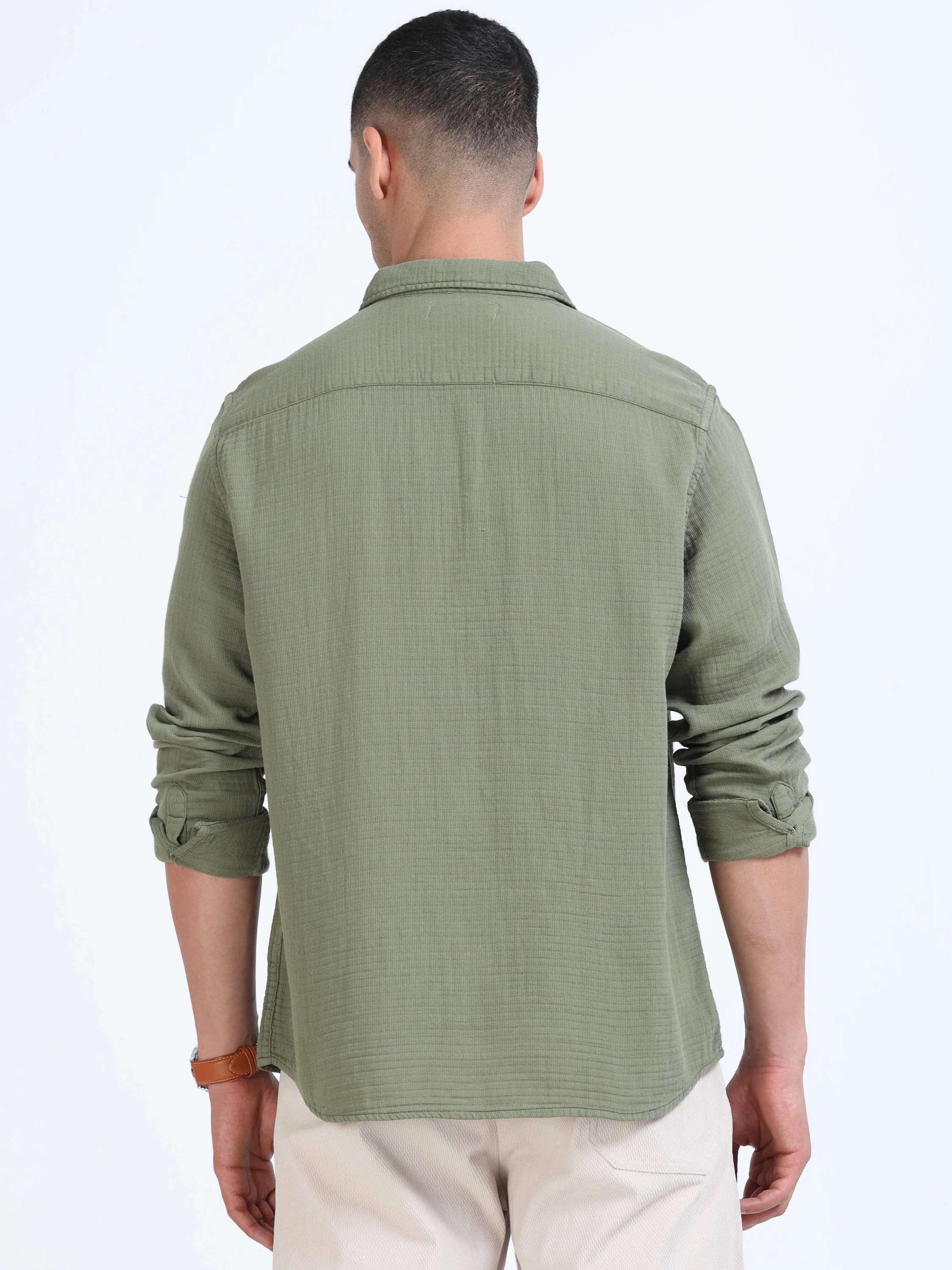 Men Green Cotton Double Cloth Shirt - Image 3