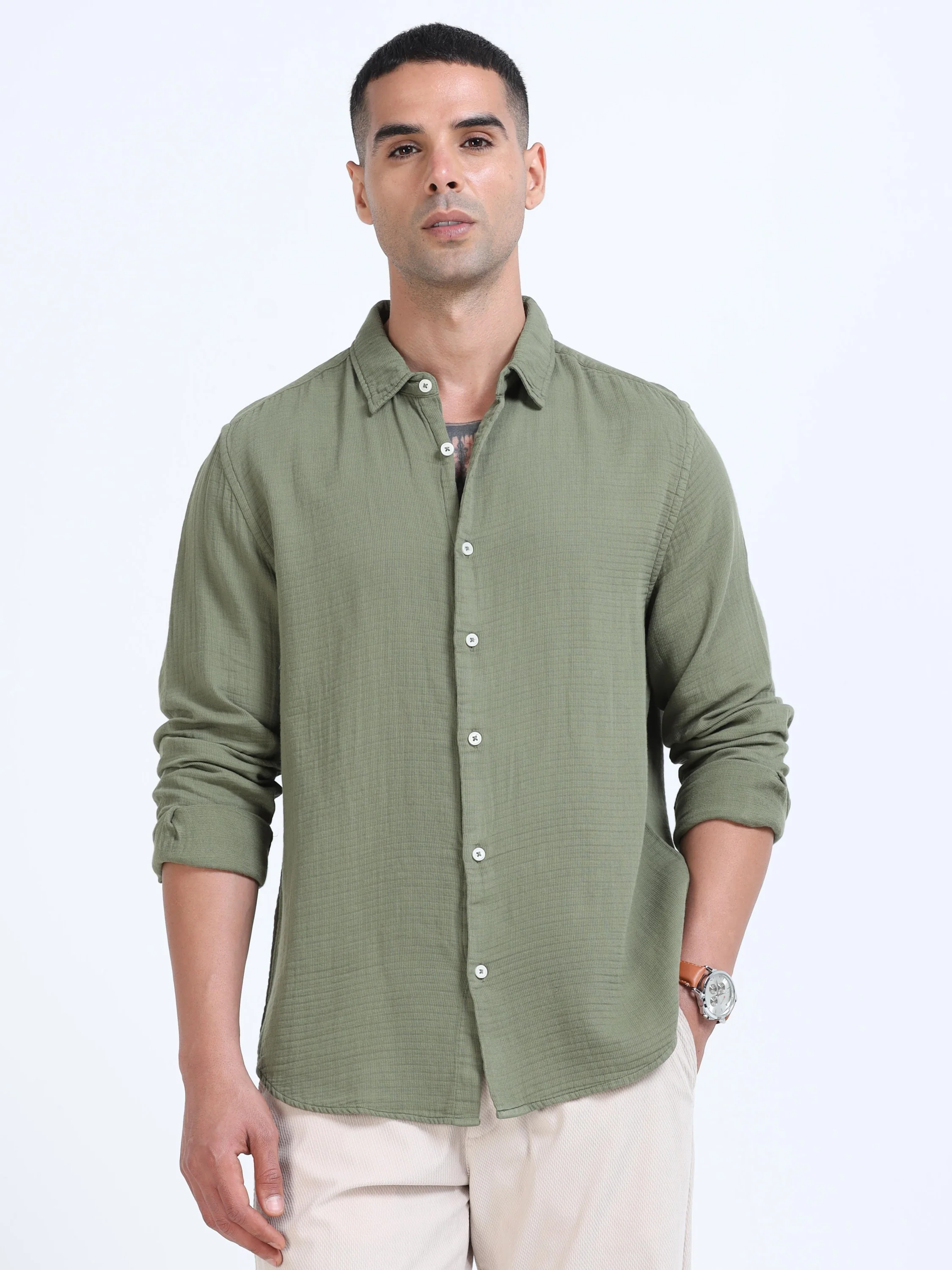 Men Green Cotton Double Cloth Shirt - Image 5