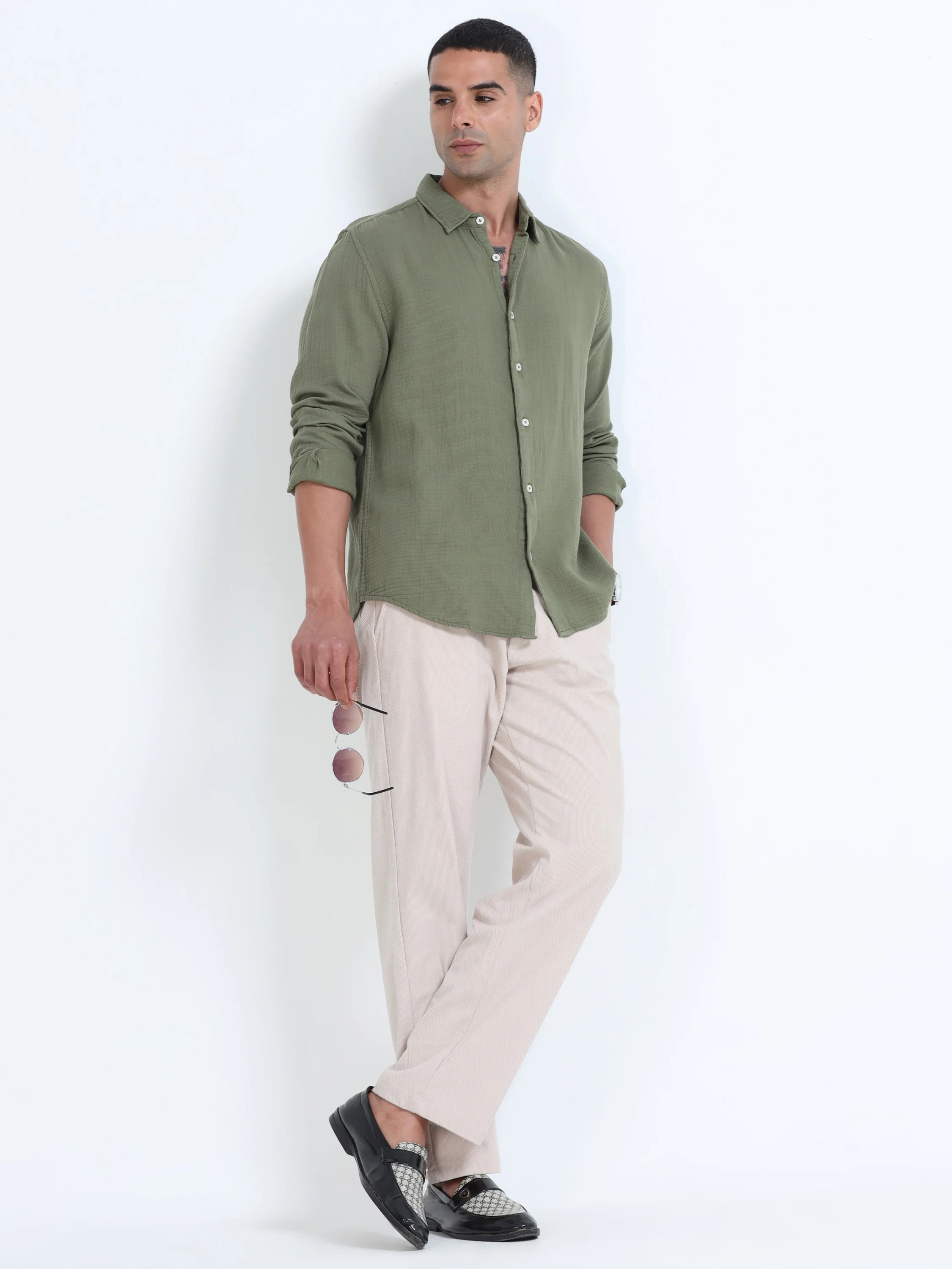 Men Green Cotton Double Cloth Shirt - Image 6