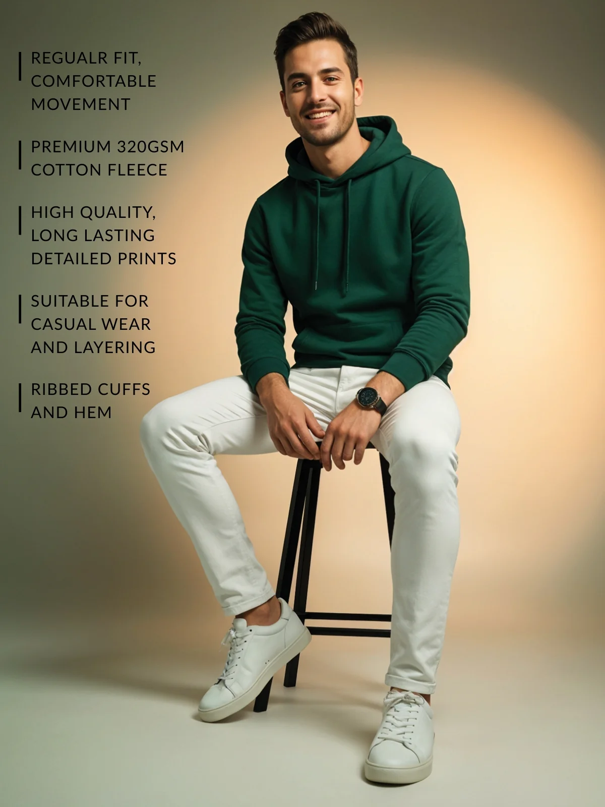 Men Green Cotton Fleece Hoodie - Image 3