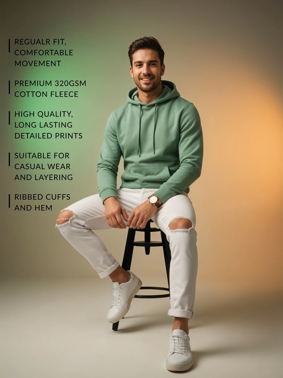 Men Green Cotton Fleece Printed Hoodie - Image 3