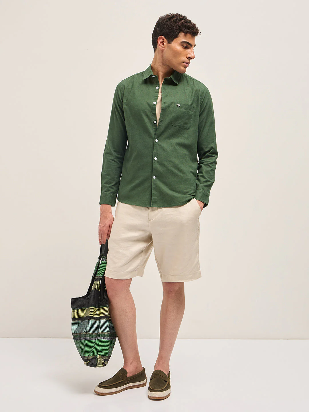 Men Green Cotton Linen Slim Fit Solid Casual Shirt - Image 4