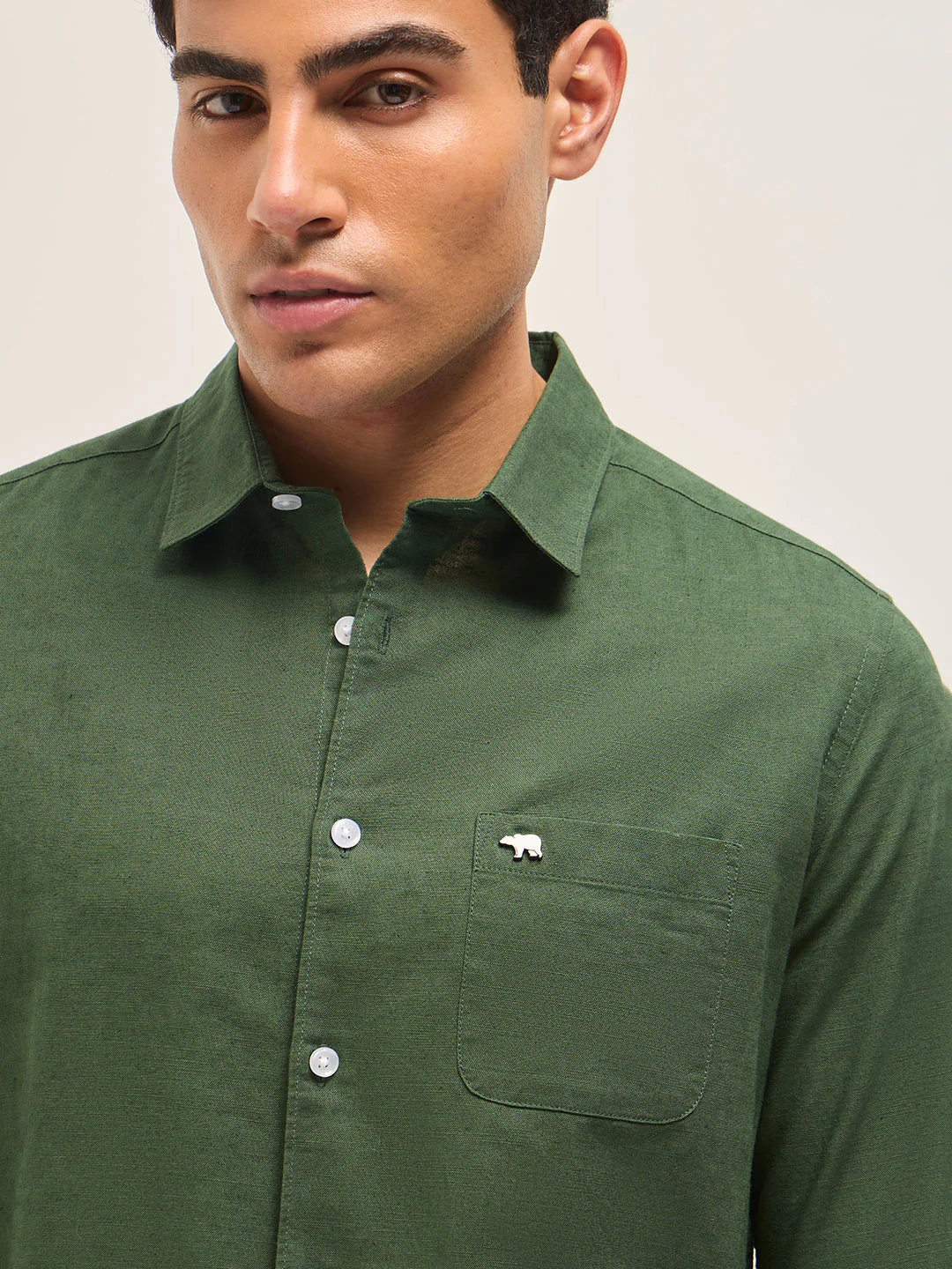 Men Green Cotton Linen Slim Fit Solid Casual Shirt - Image 5