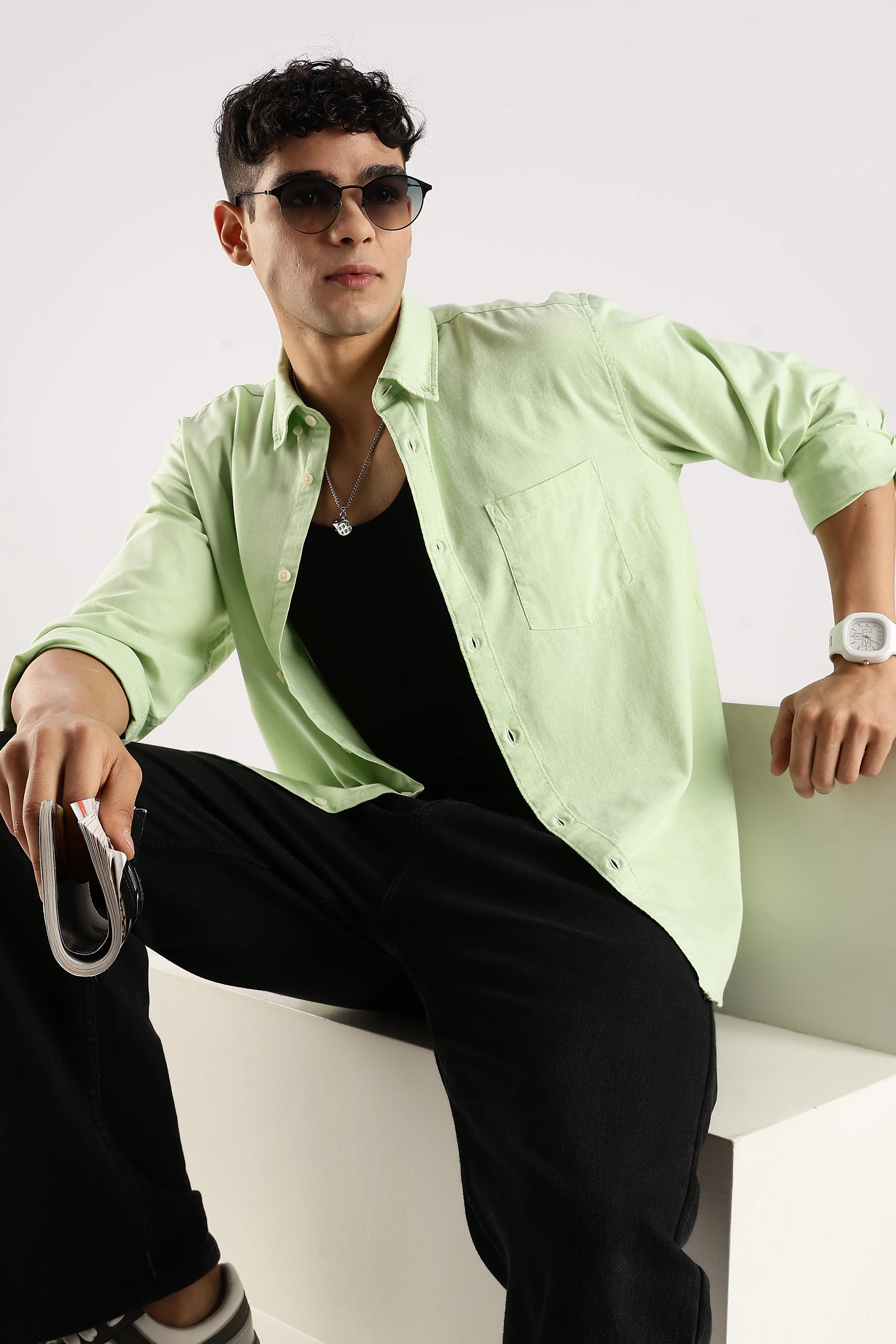 Men Green Cotton Oxford Shirt - Image 9