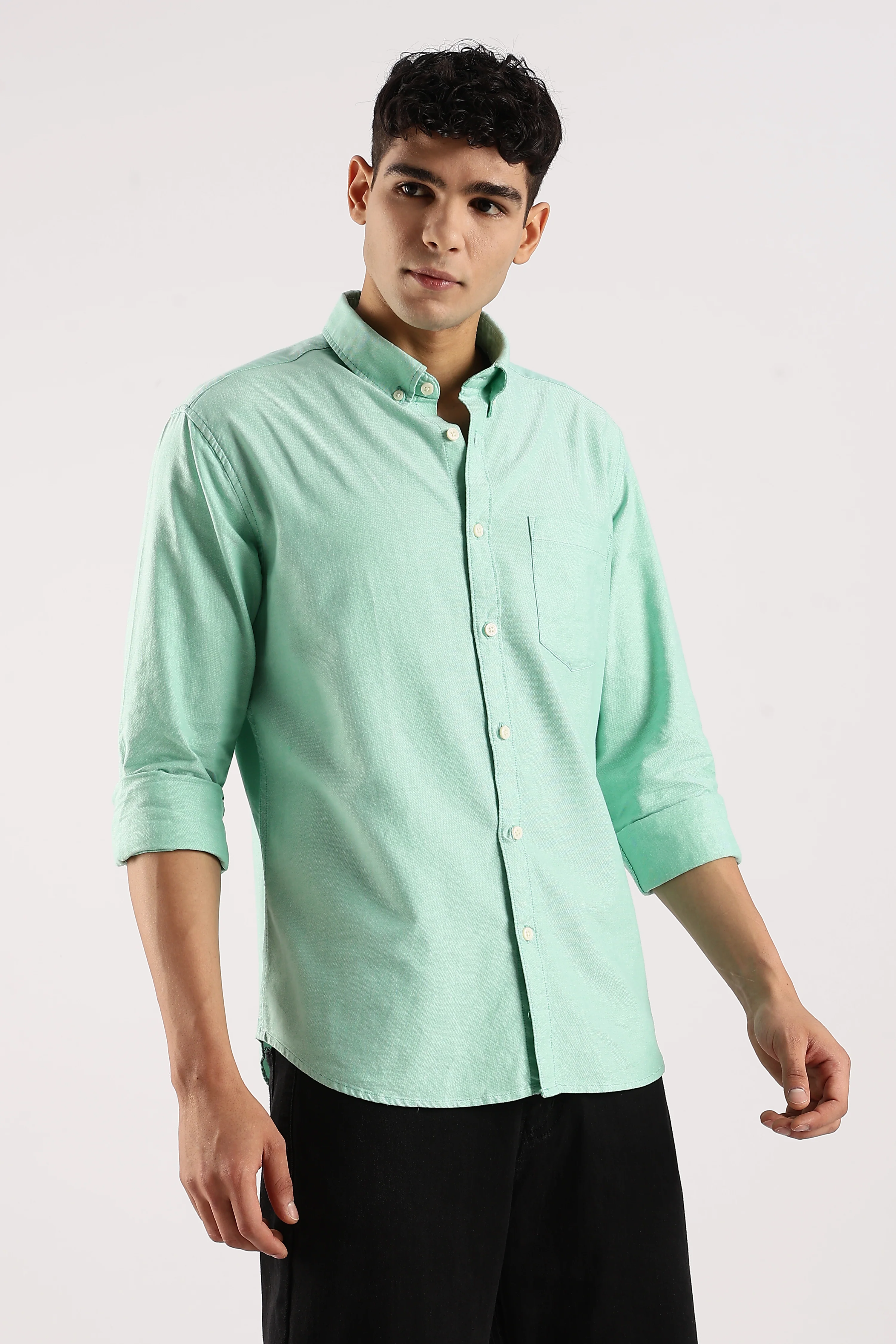 Men Green Cotton Oxford Shirt - Image 3