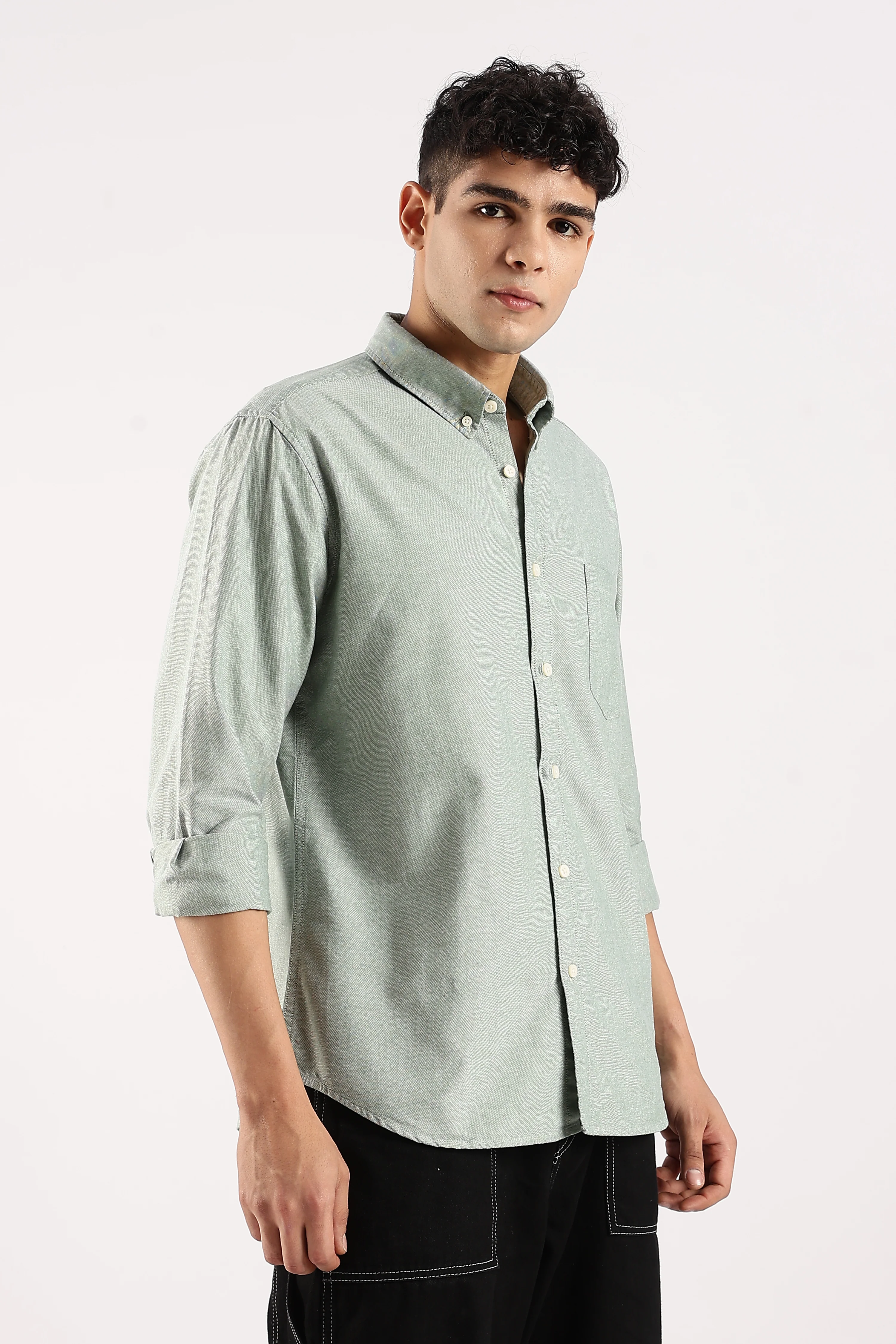 Men Green Cotton Oxford Shirt - Image 2