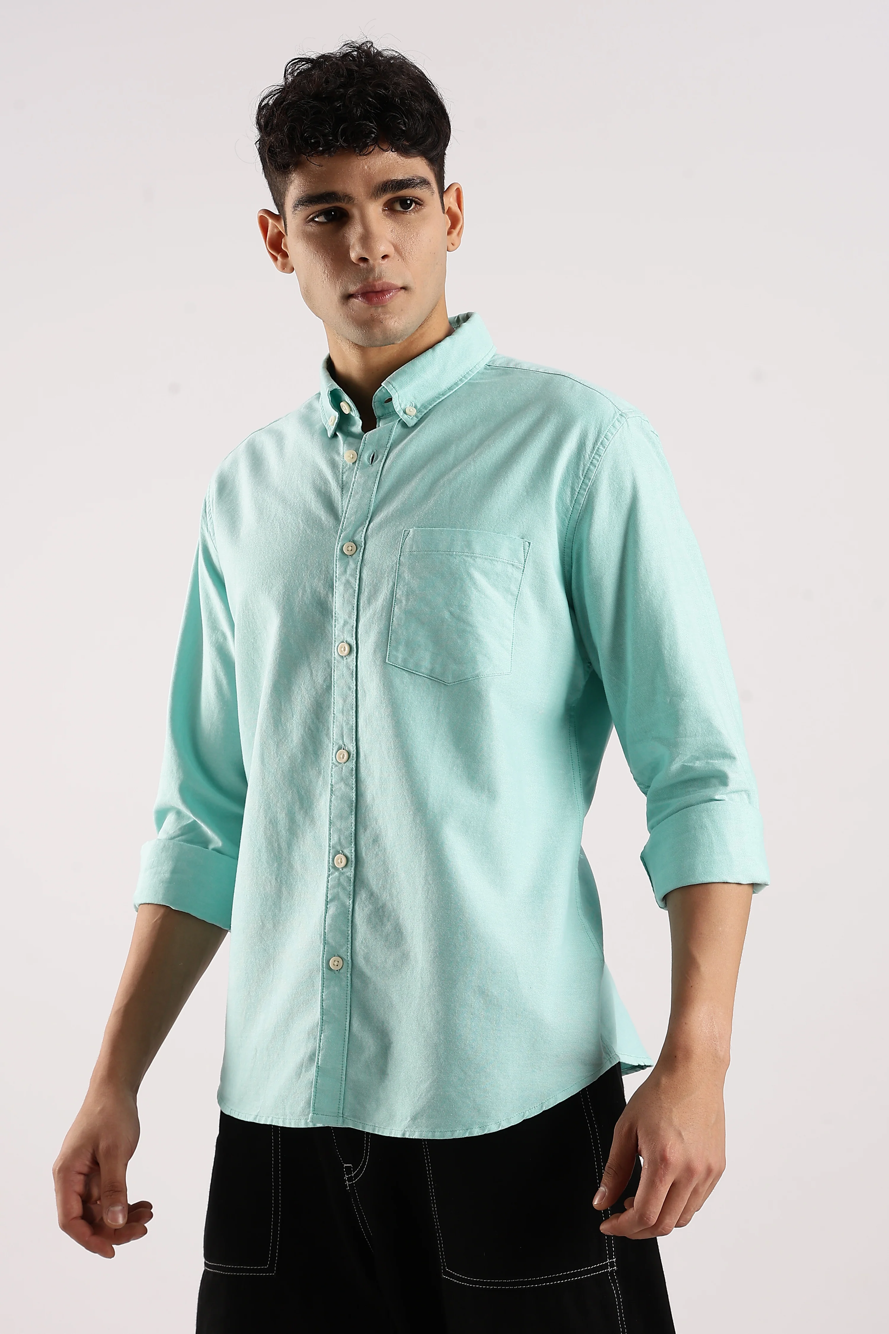 Men Green Cotton Oxford Shirt - Image 4