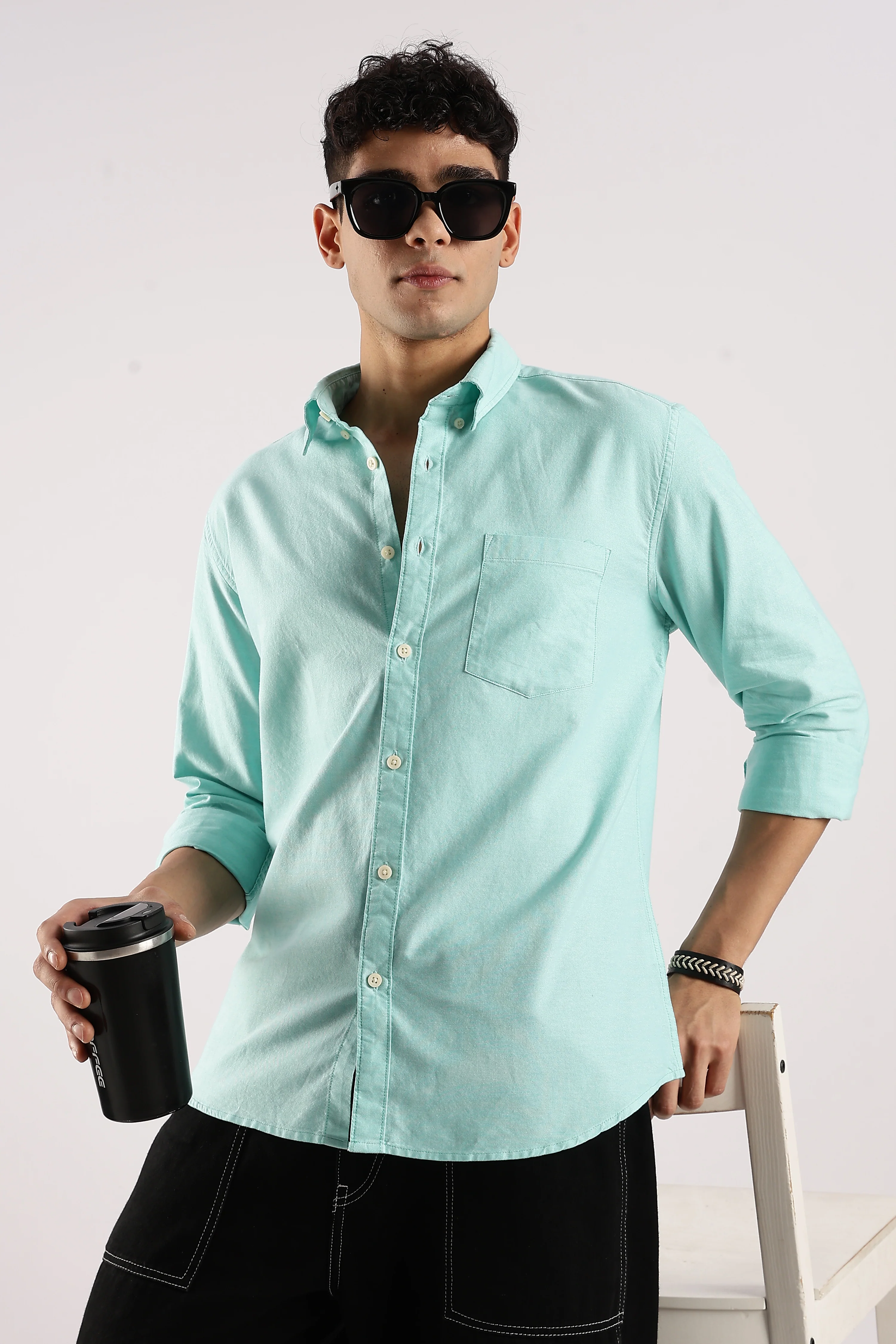 Men Green Cotton Oxford Shirt - Image 6