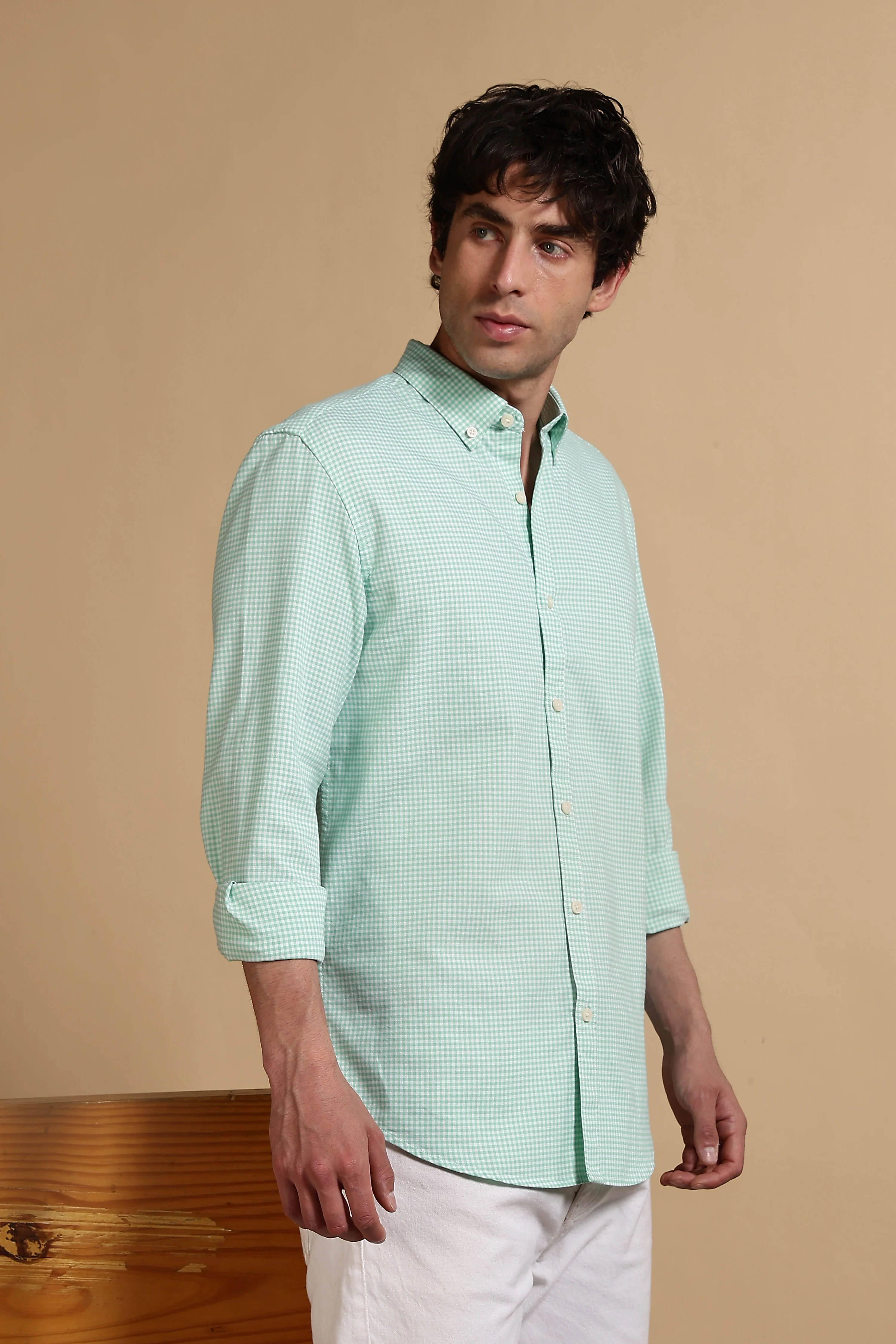 Men Green Cotton Oxford Slim Fit Mini Checks Shirt - Image 3
