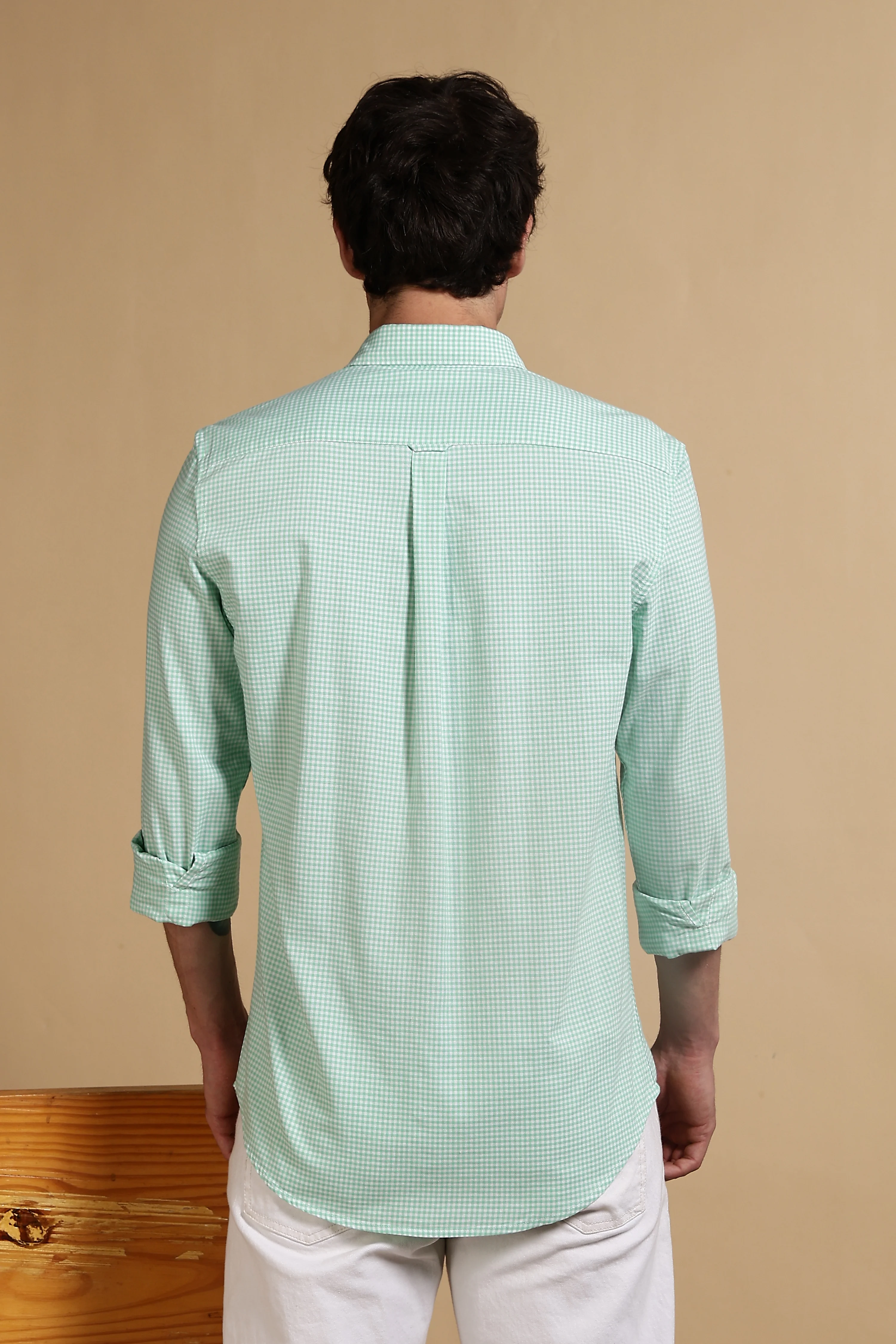 Men Green Cotton Oxford Slim Fit Mini Checks Shirt - Image 4