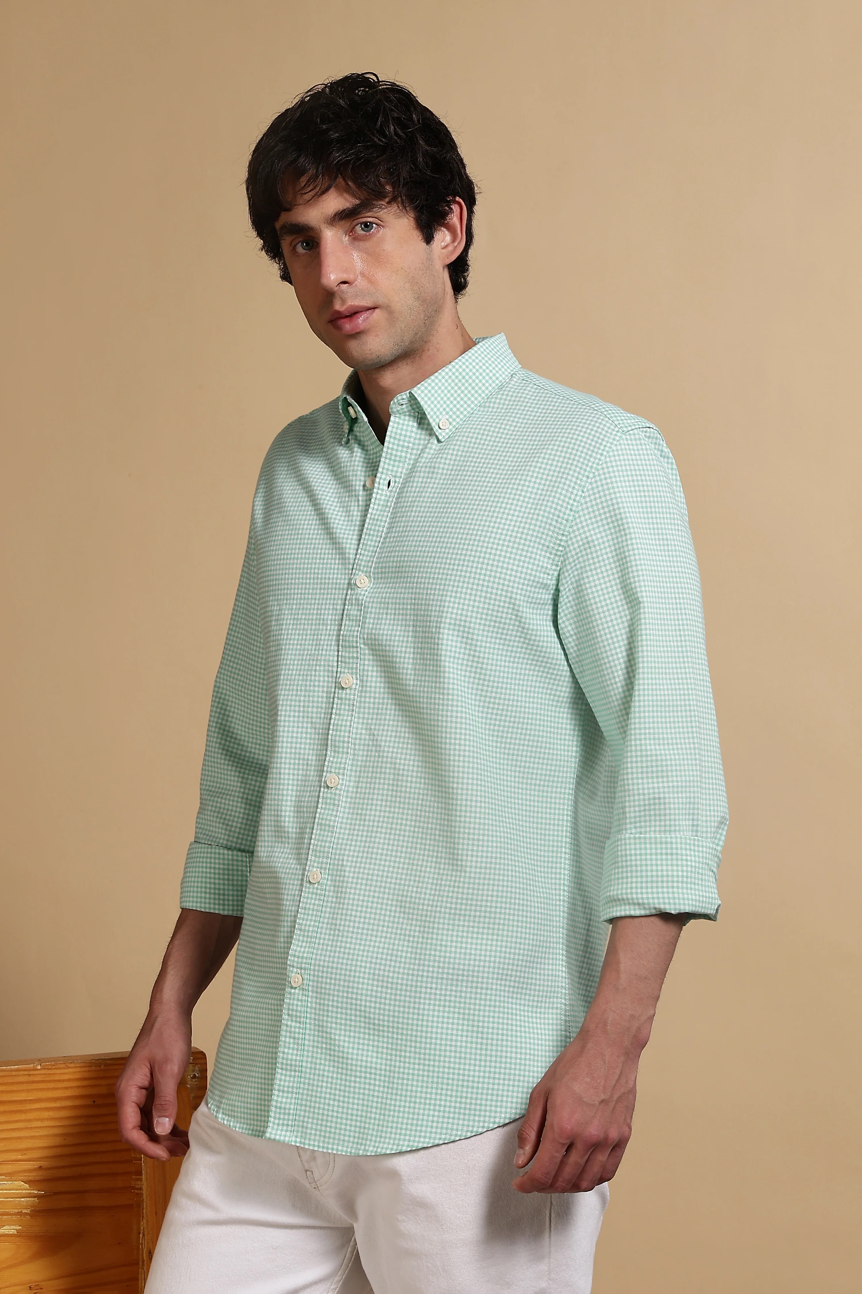 Men Green Cotton Oxford Slim Fit Mini Checks Shirt - Image 5