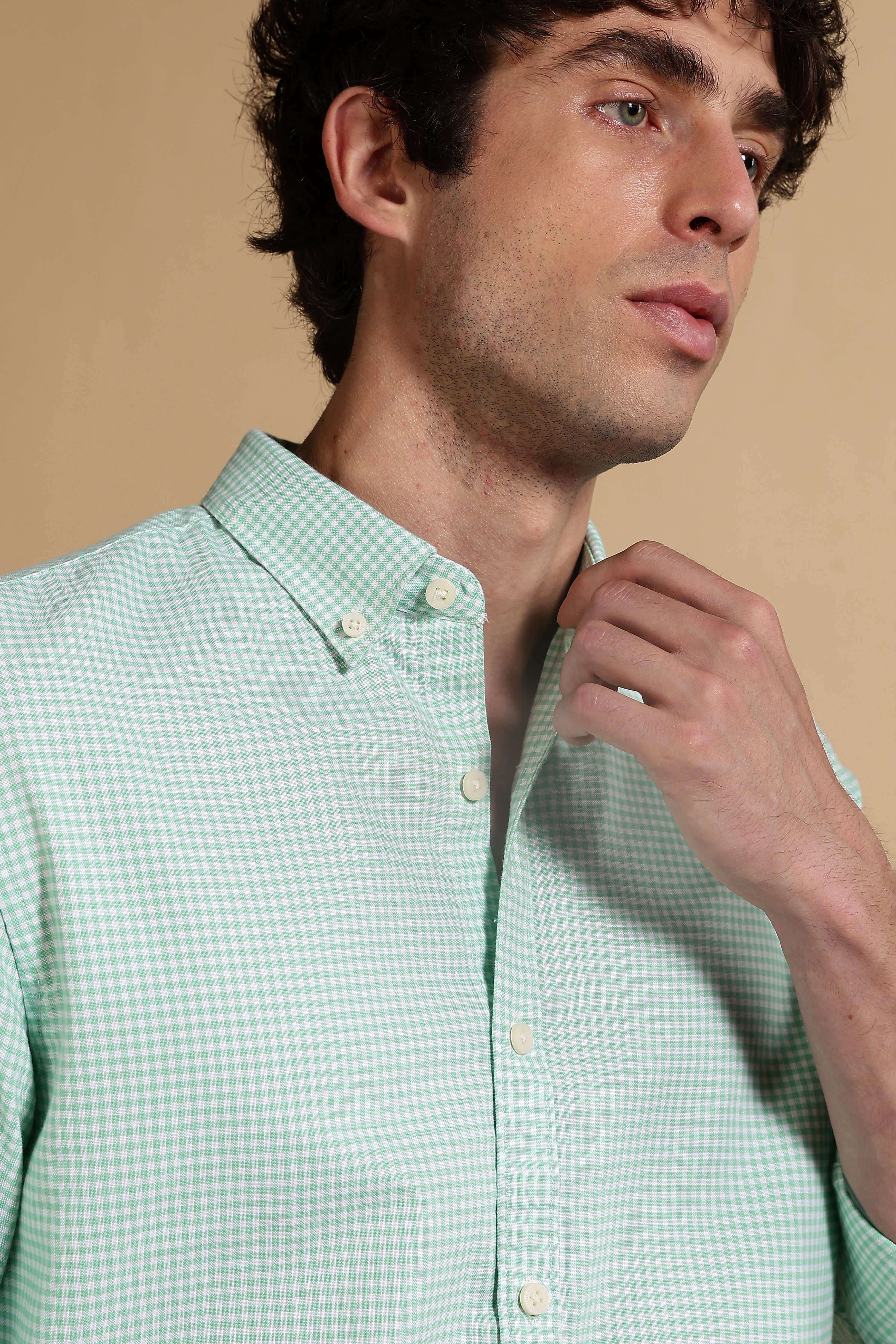 Men Green Cotton Oxford Slim Fit Mini Checks Shirt - Image 6