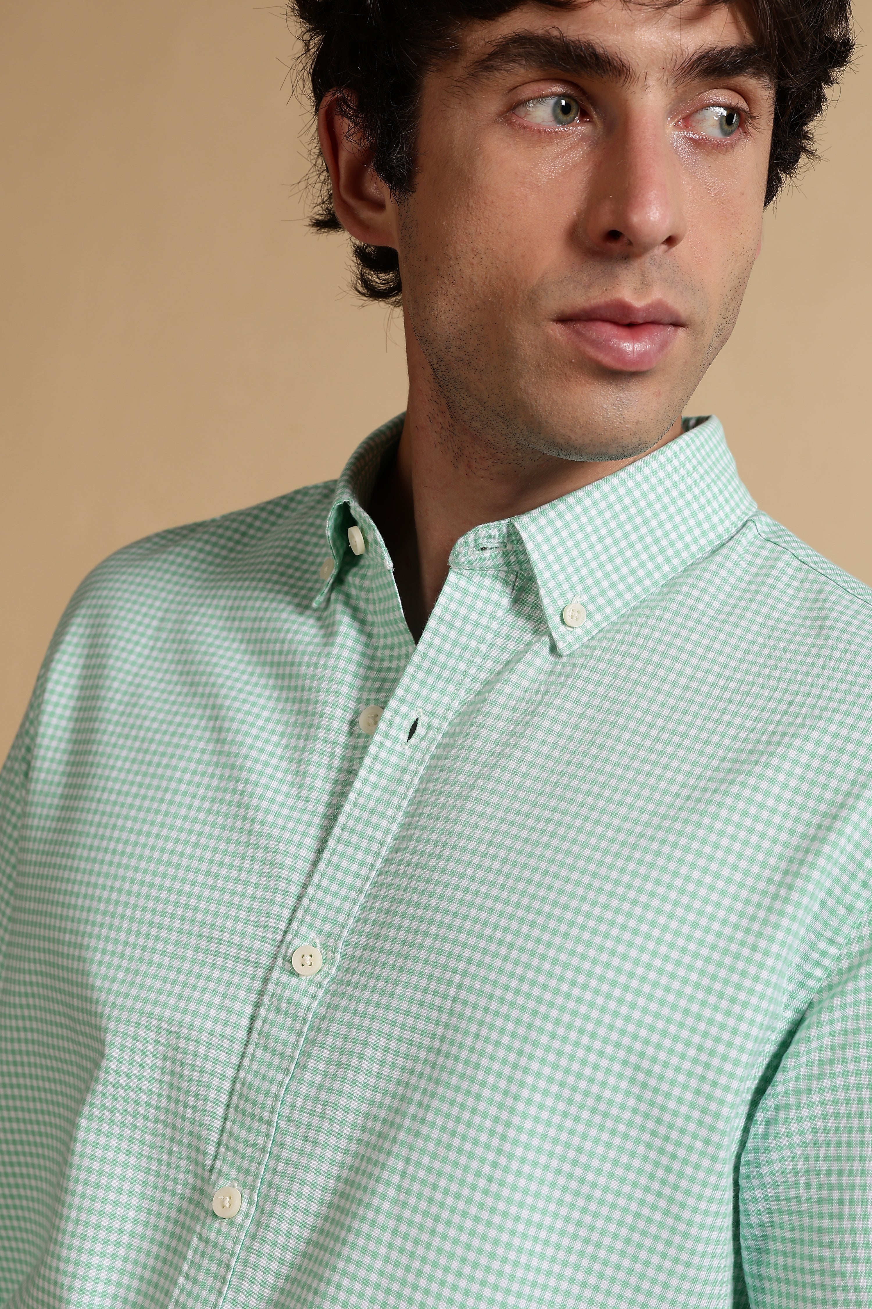 Men Green Cotton Oxford Slim Fit Mini Checks Shirt - Image 7