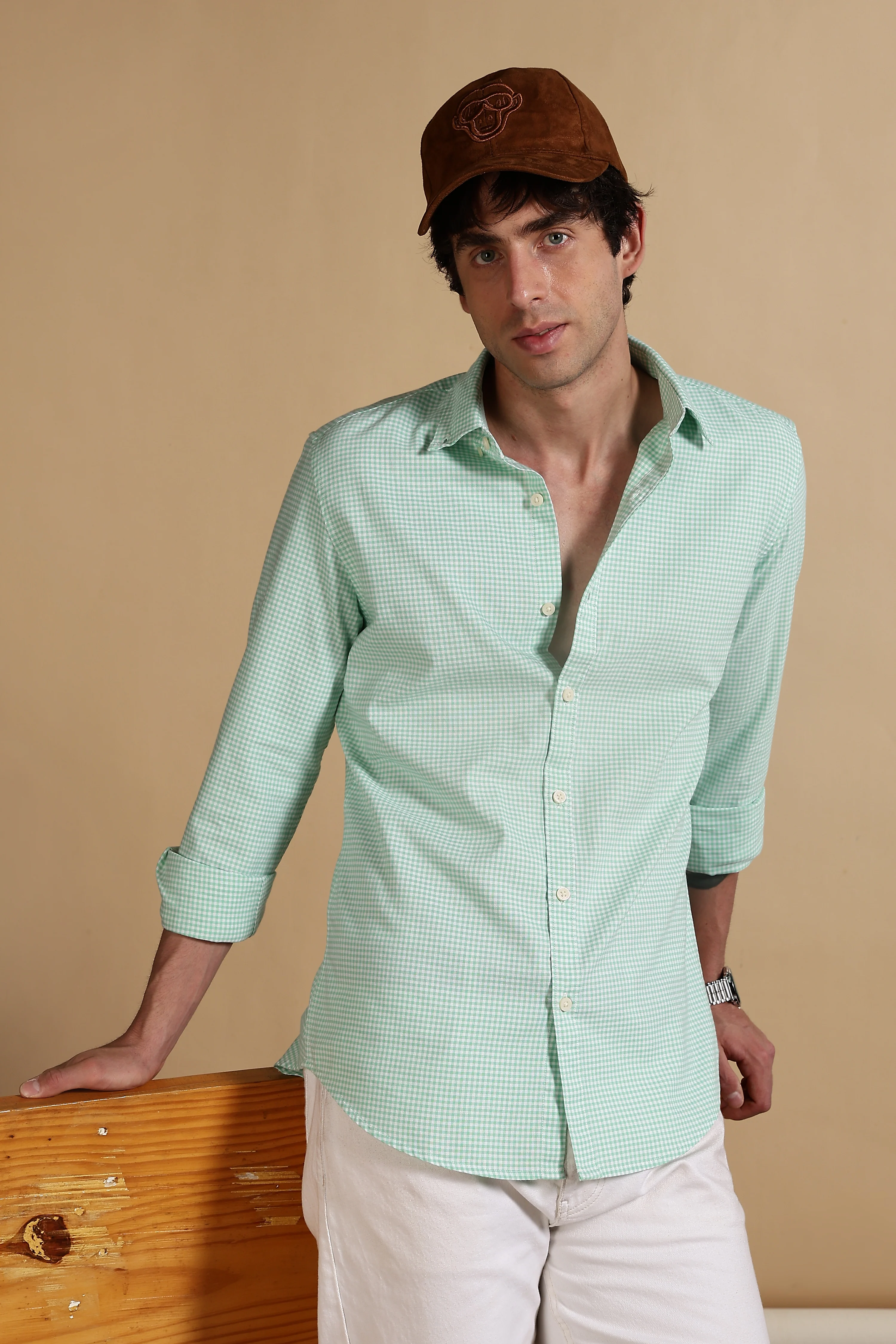 Men Green Cotton Oxford Slim Fit Mini Checks Shirt - Image 9