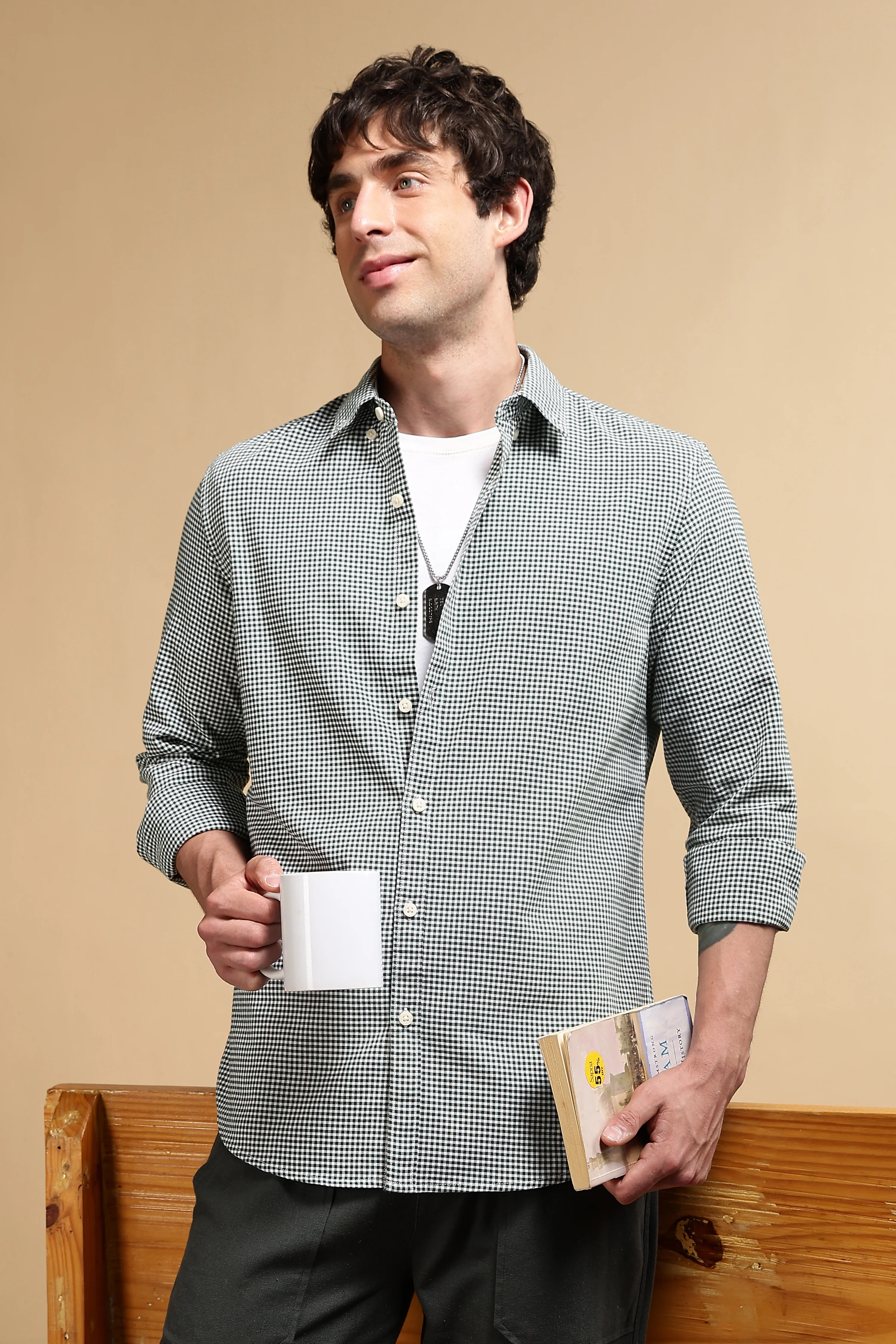 Men Green Cotton Oxford Slim Fit Mini Checks Shirt - Image 10