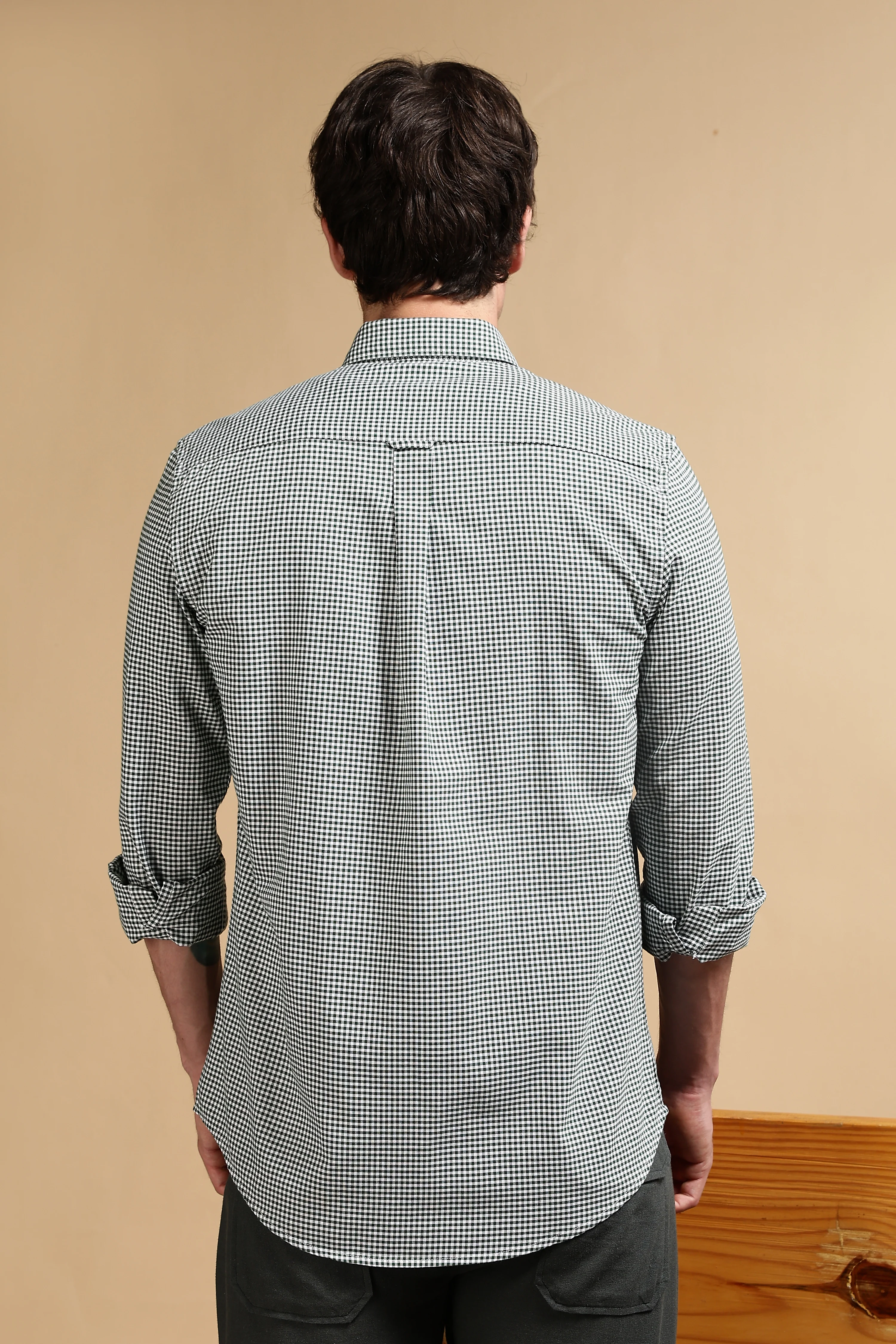 Men Green Cotton Oxford Slim Fit Mini Checks Shirt - Image 4